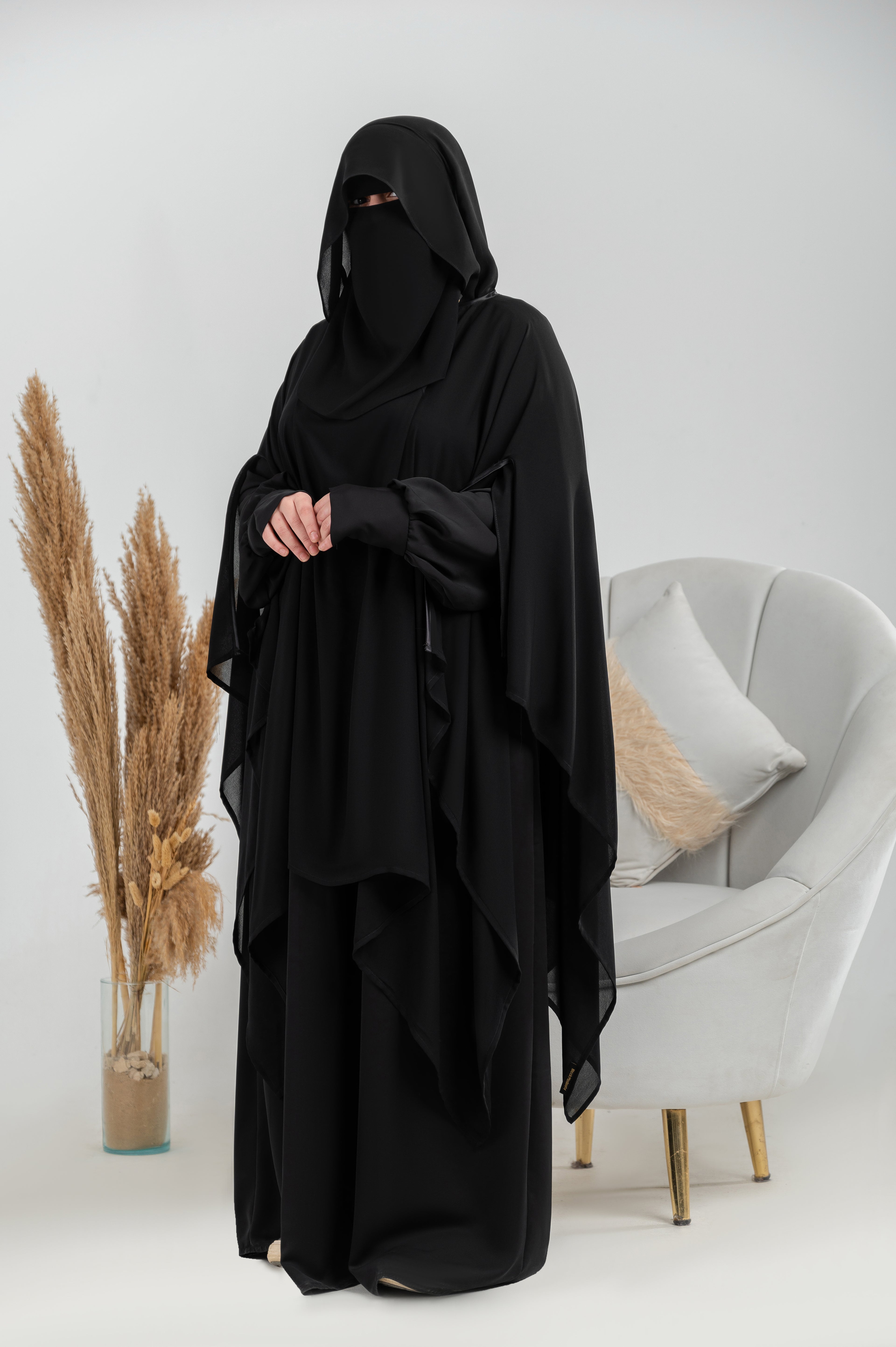 Shoulder Cape with Open Sleeves and Satin Trim