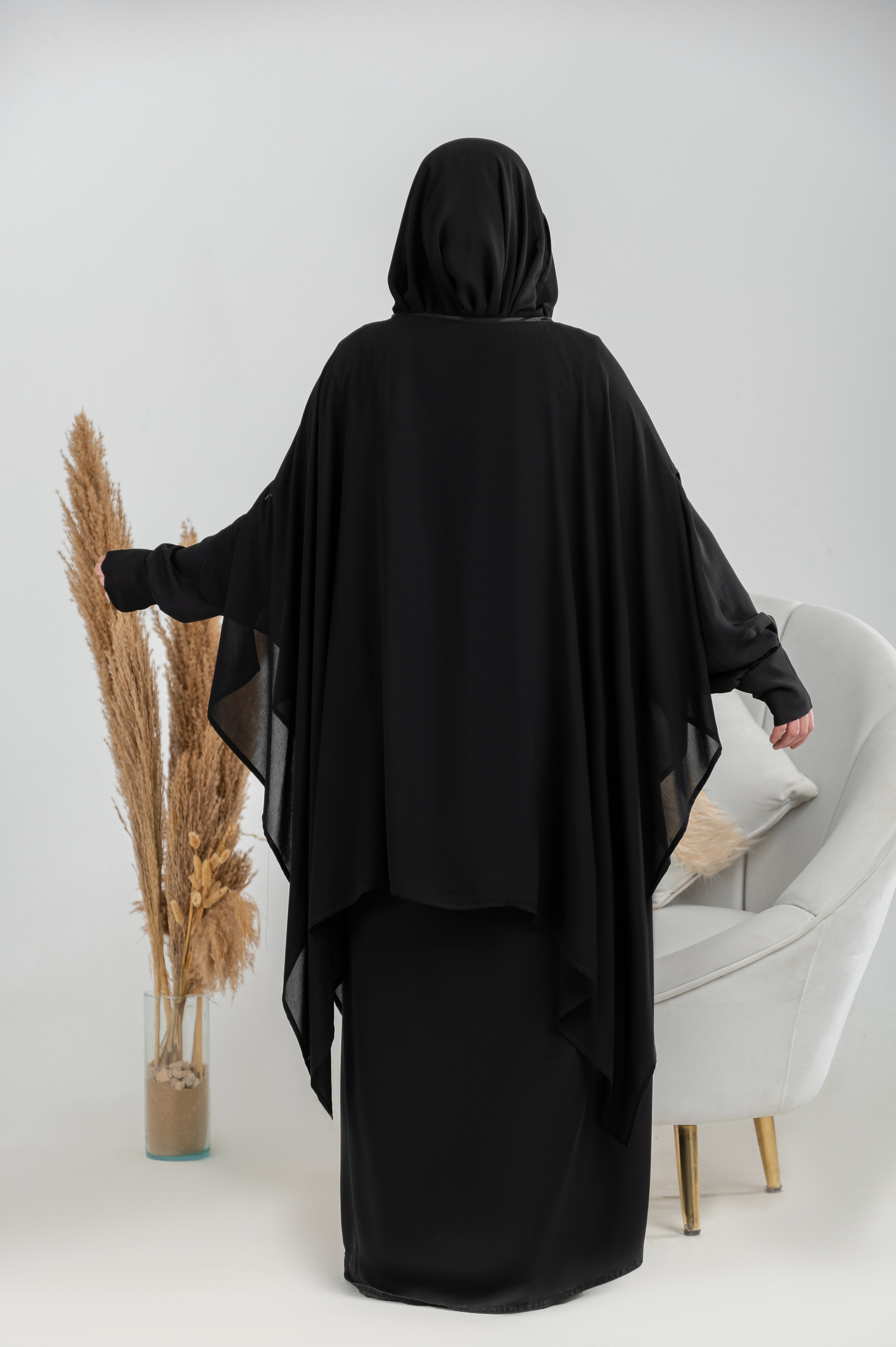 Shoulder Cape with Open Sleeves and Satin Trim
