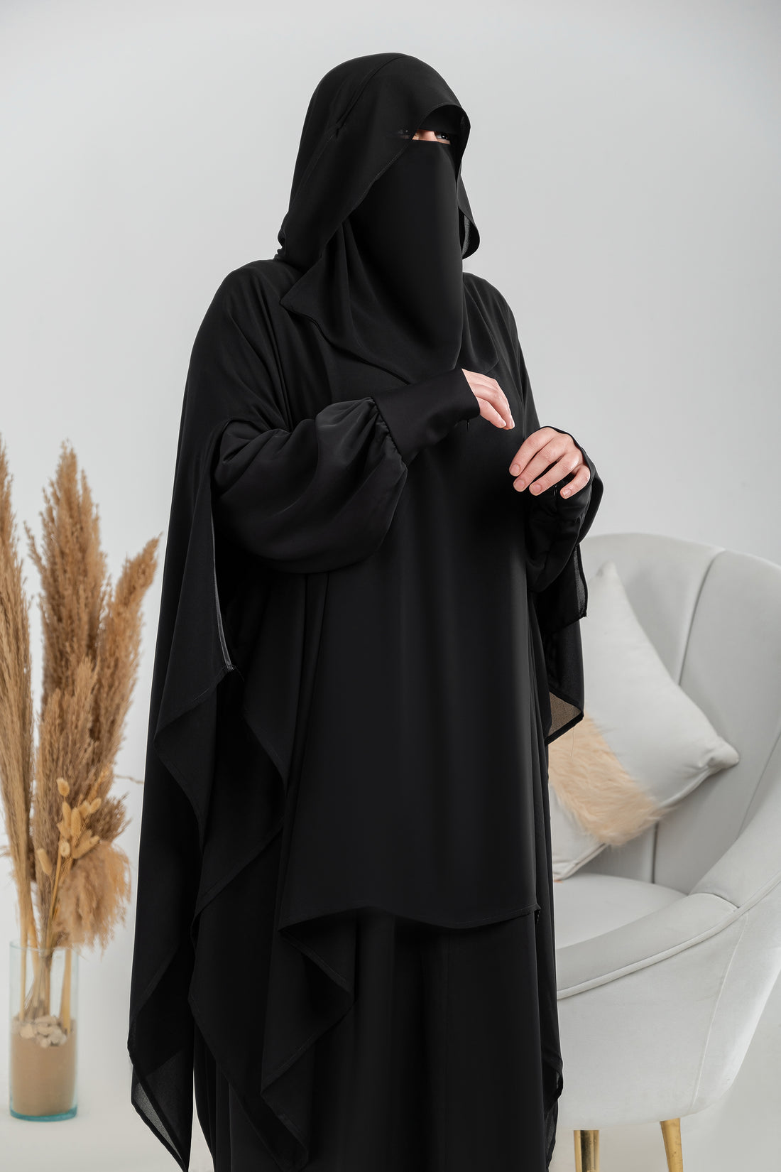 Shoulder Cape with Open Sleeves and Satin Trim
