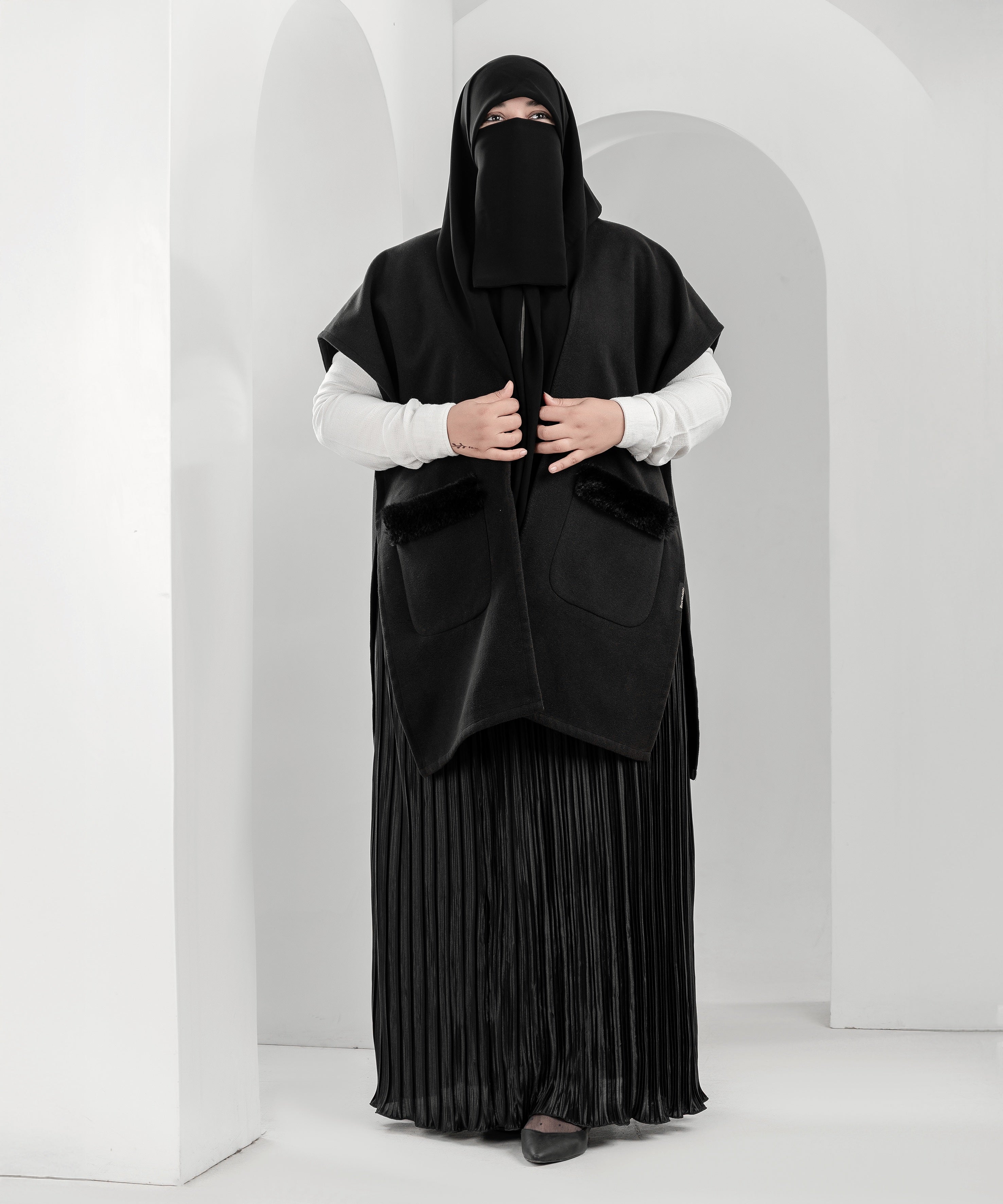 Black Cardigan with Faux-Fur Trimmed Pockets