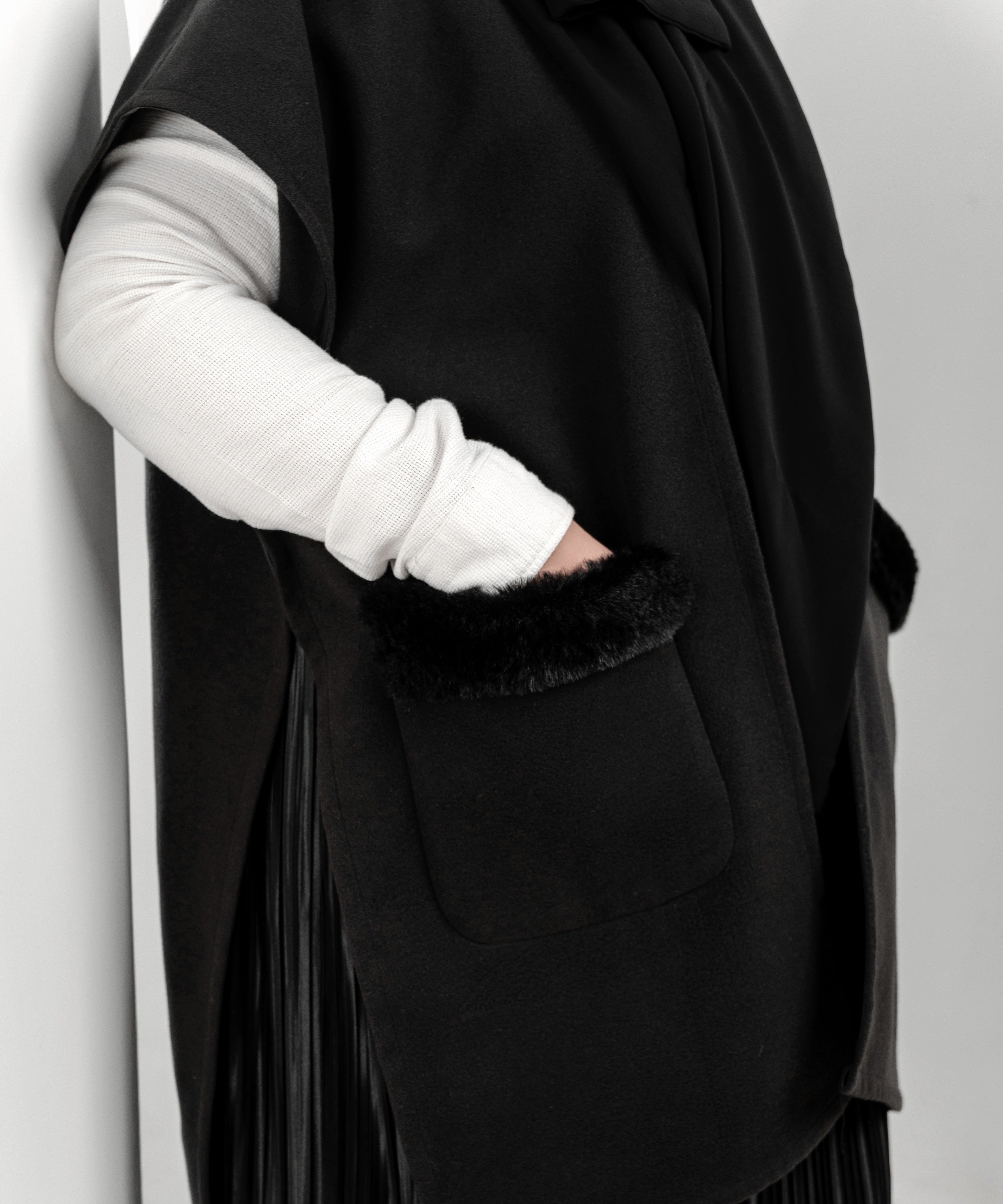 Black Cardigan with Faux-Fur Trimmed Pockets