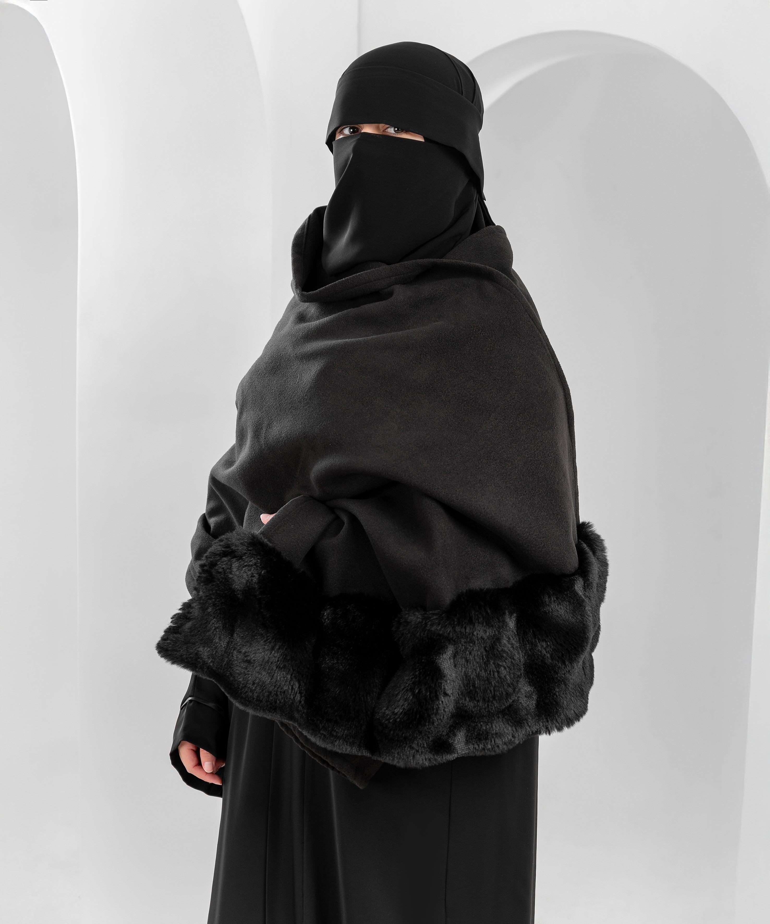 Rectangular Wool Shawl with Fur Trim
