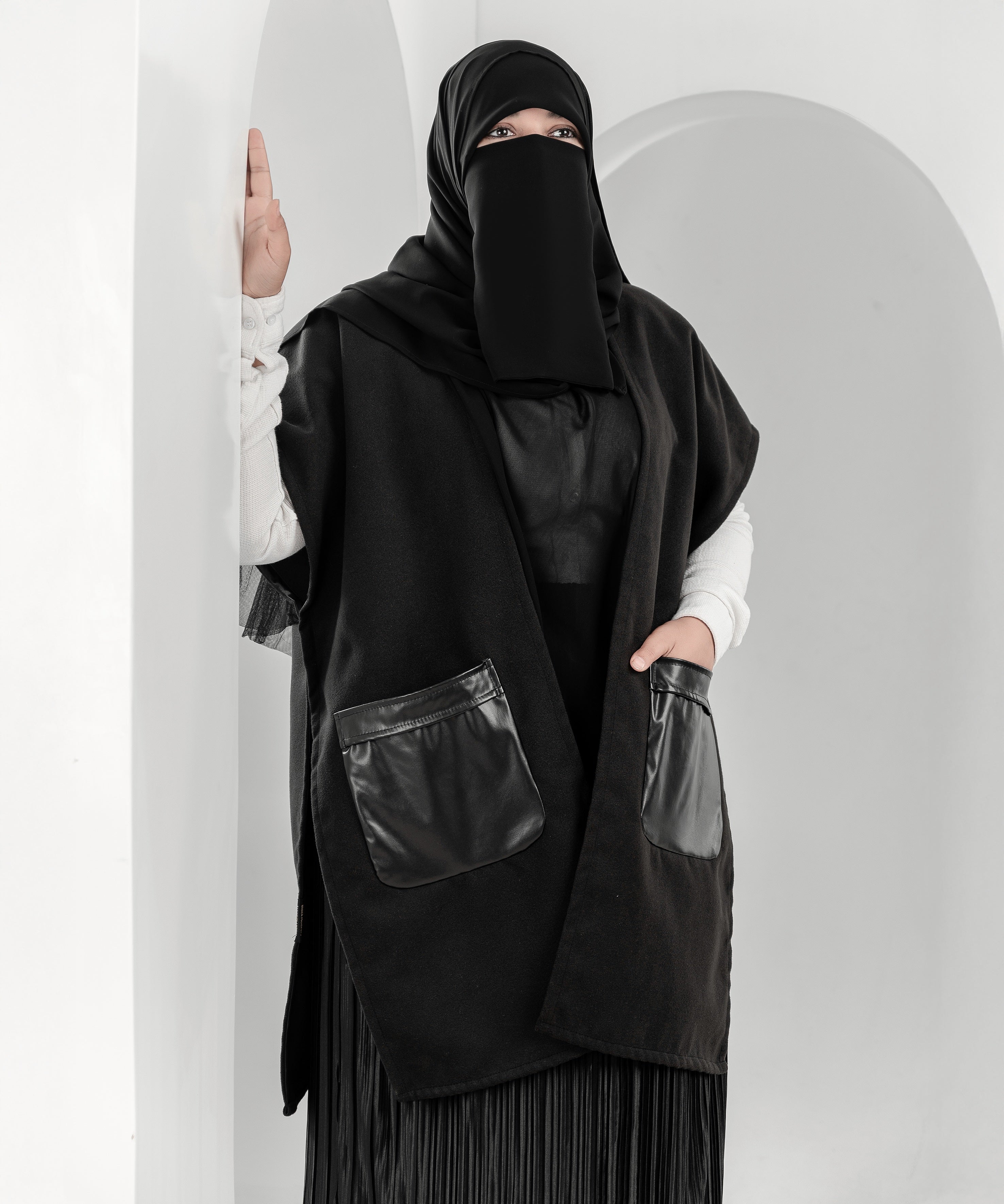 Black Wool Cardigan Jacket with Leather Pockets