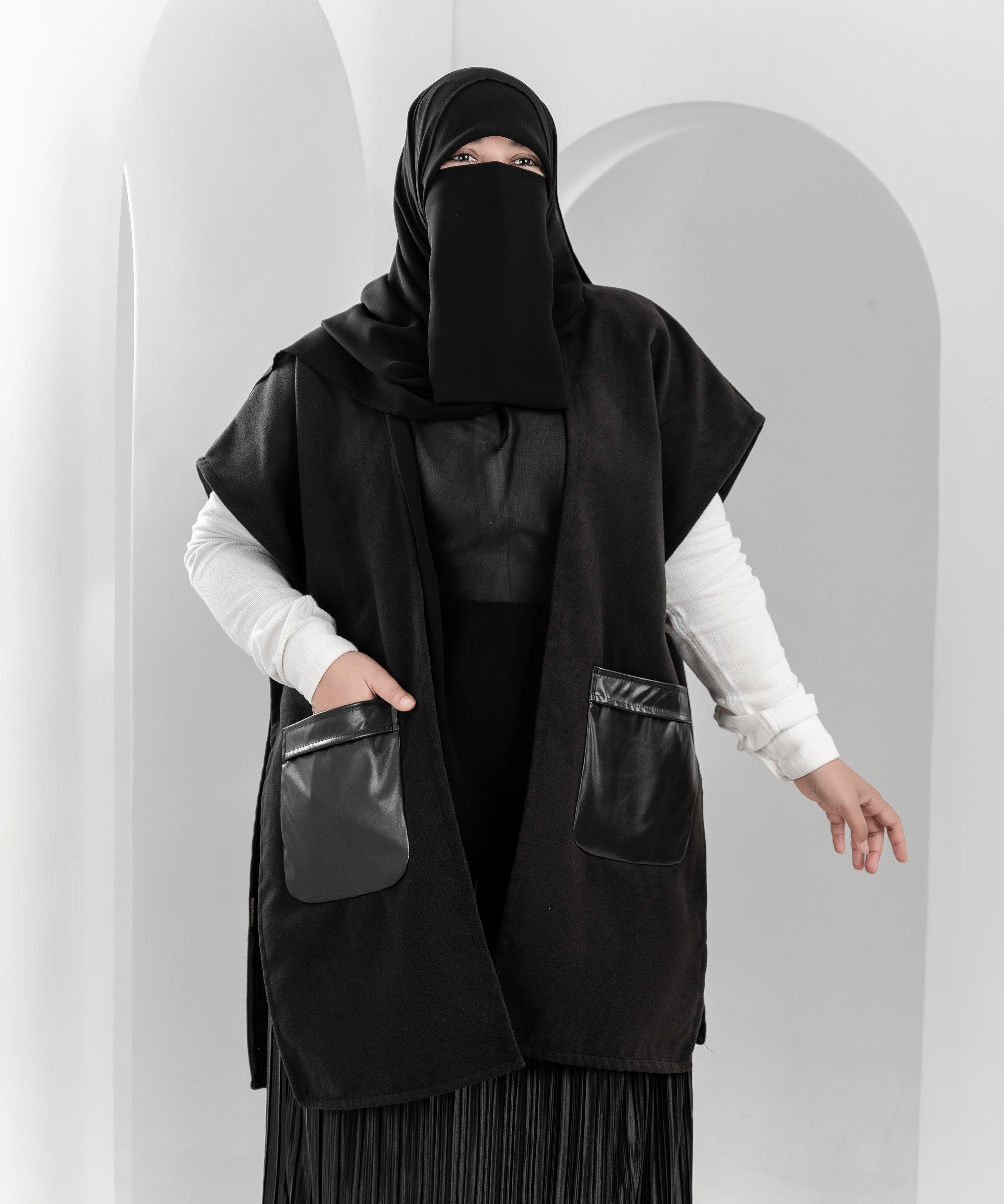 Black Wool Cardigan Jacket with Leather Pockets