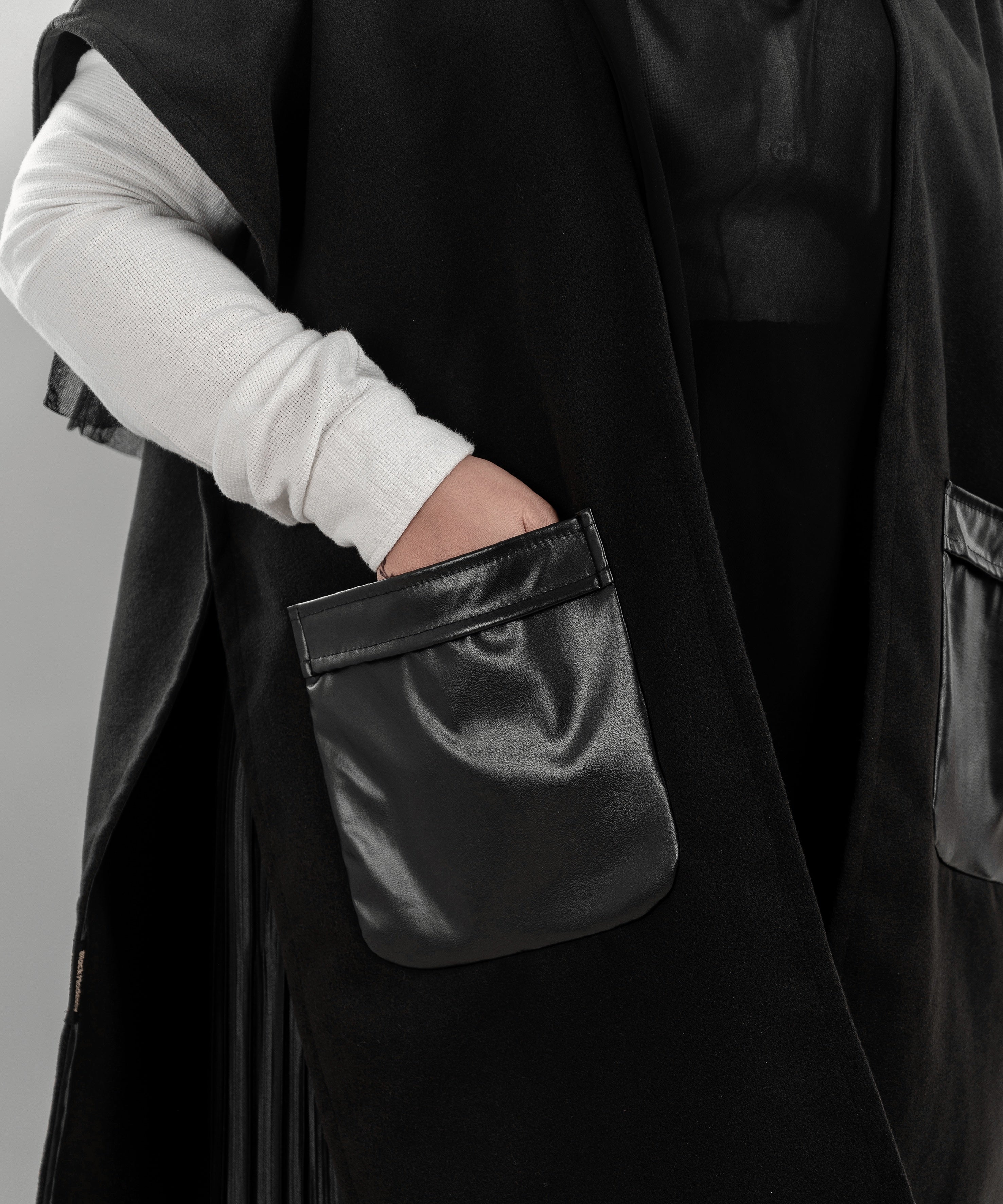 Black Wool Cardigan Jacket with Leather Pockets