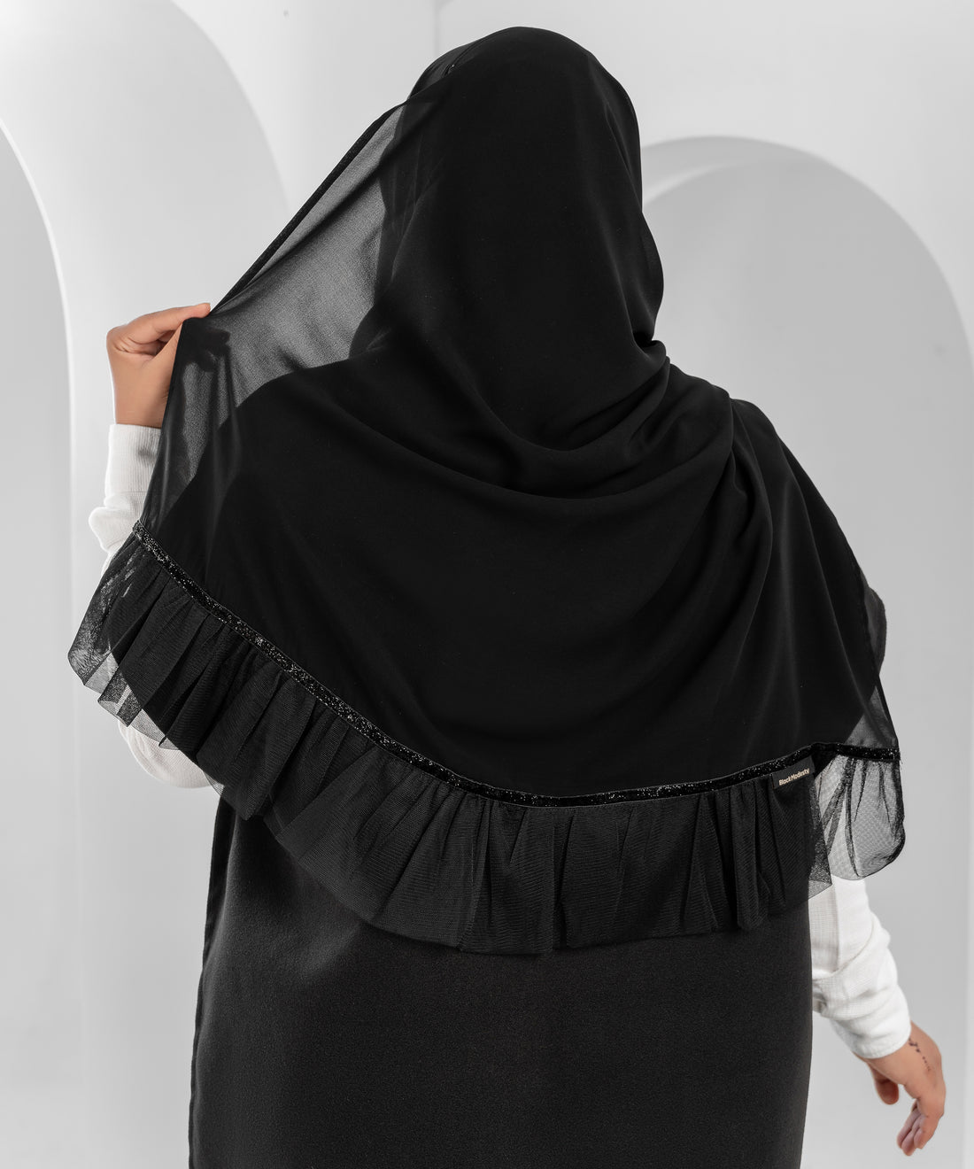 Rectangular Hijab with Tulle and Glitter Ribbon