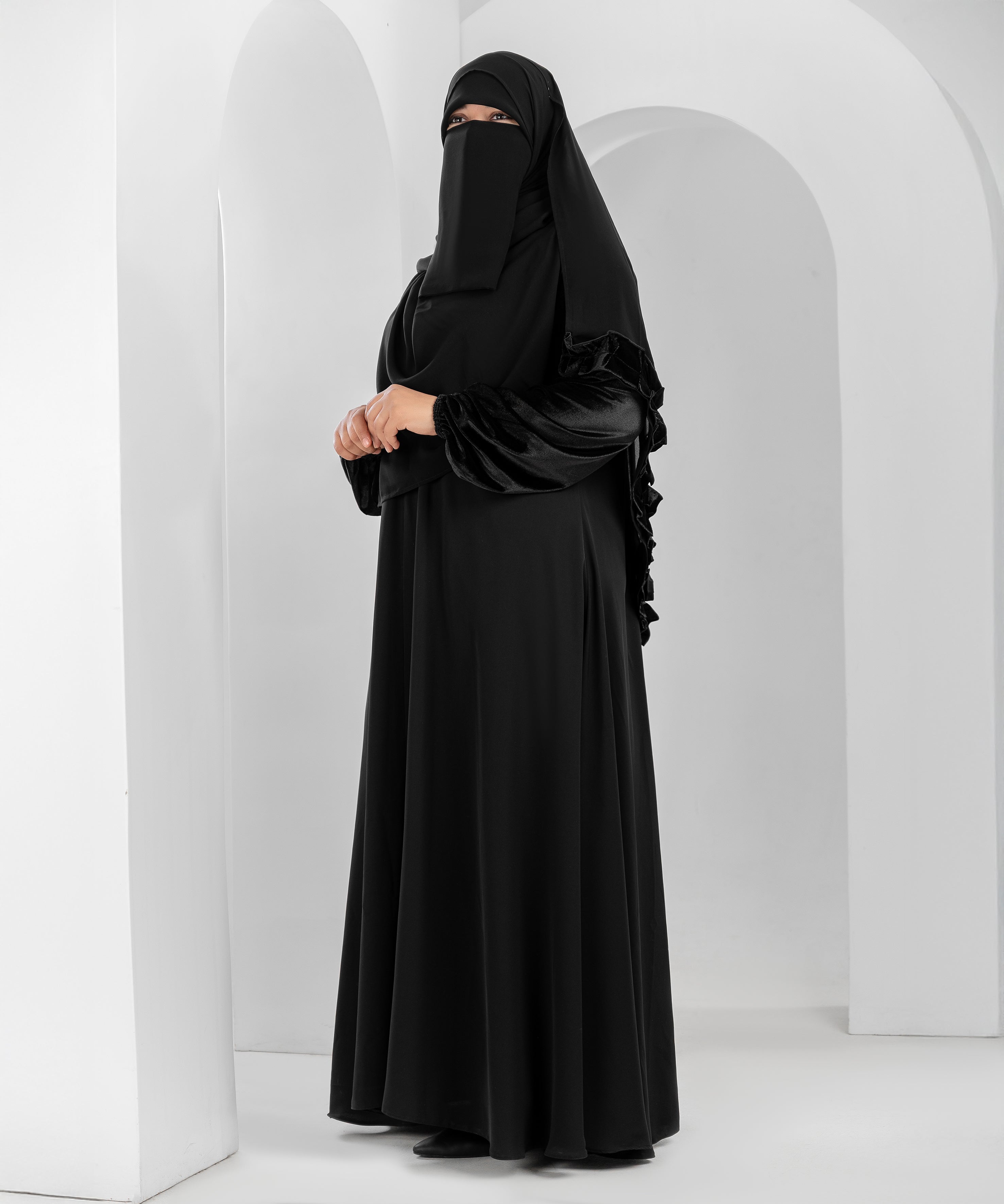 Black Abaya with Velvet Sleeves