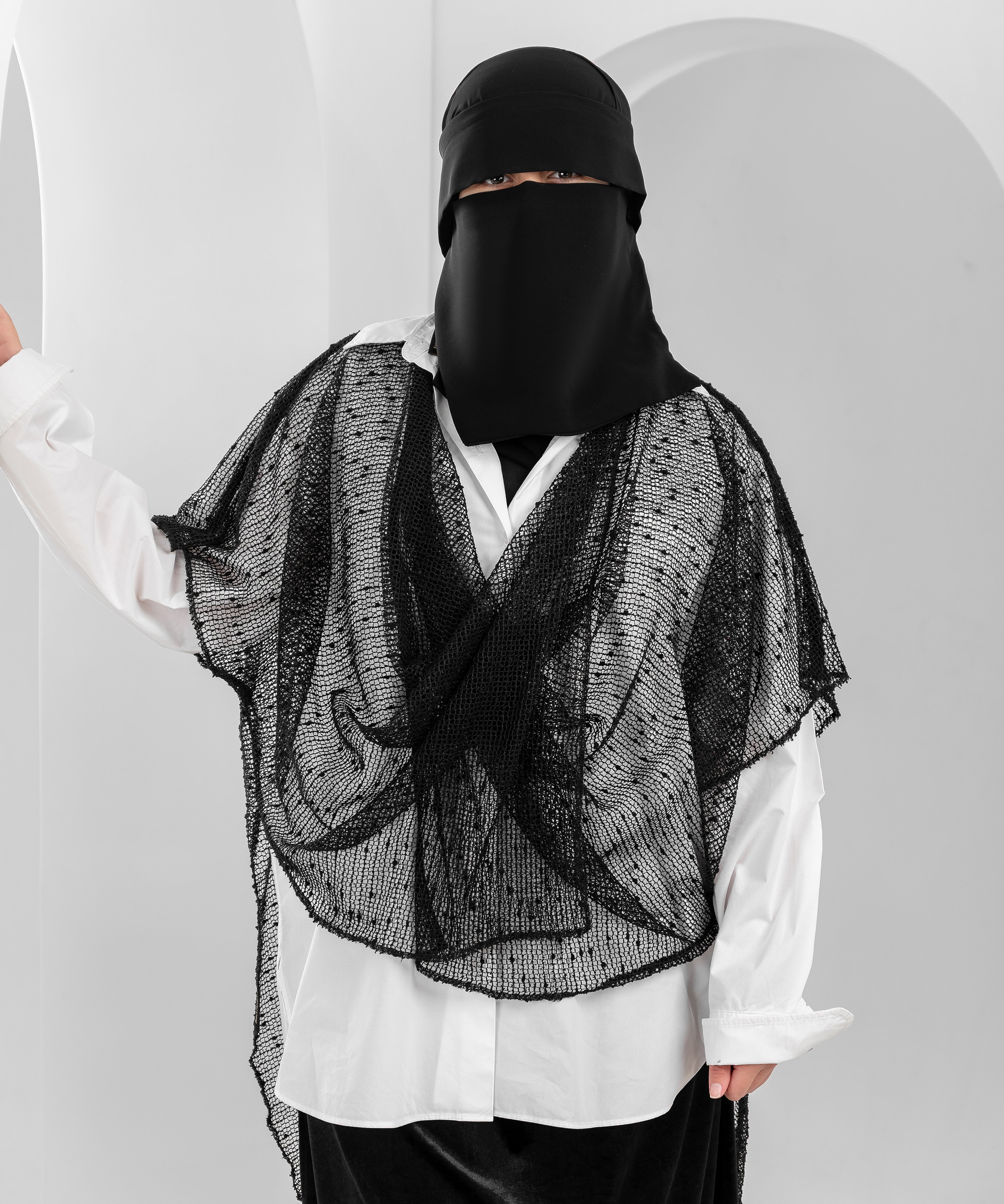 Shoulder Cape with Mesh Fabric and Velvet Dots – Front Drape Design