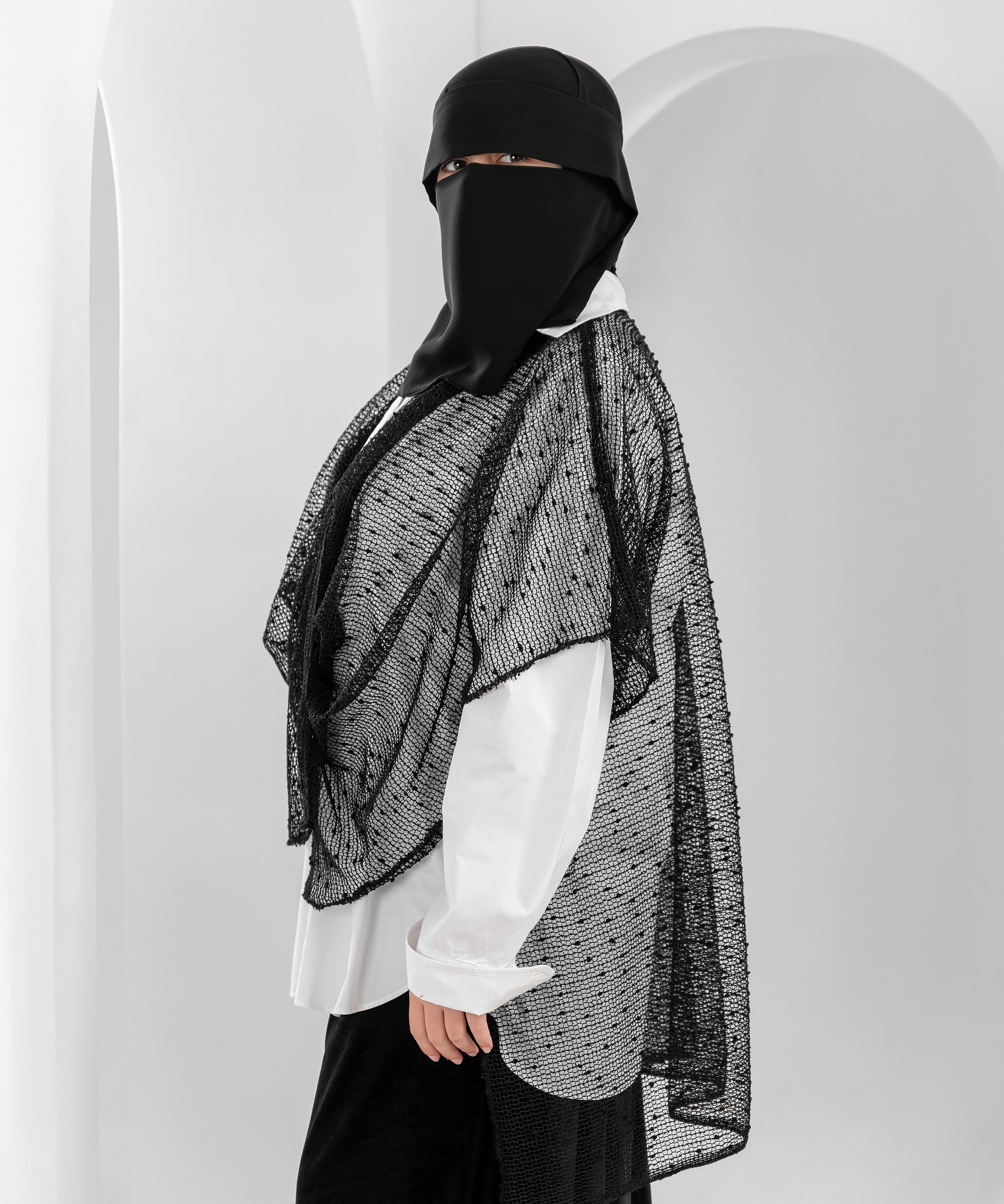 Shoulder Cape with Mesh Fabric and Velvet Dots – Front Drape Design