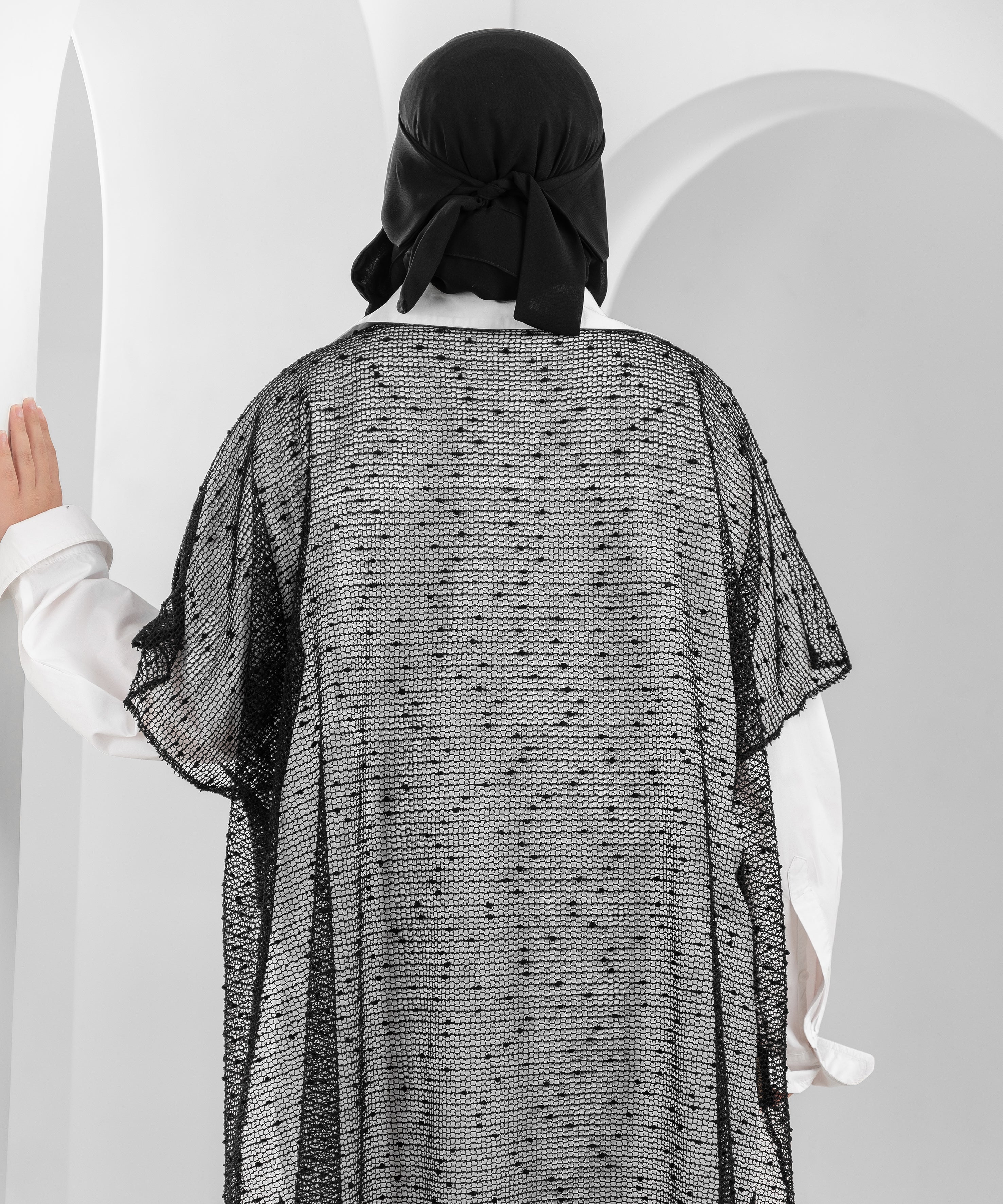 Shoulder Cape with Mesh Fabric and Velvet Dots – Front Drape Design