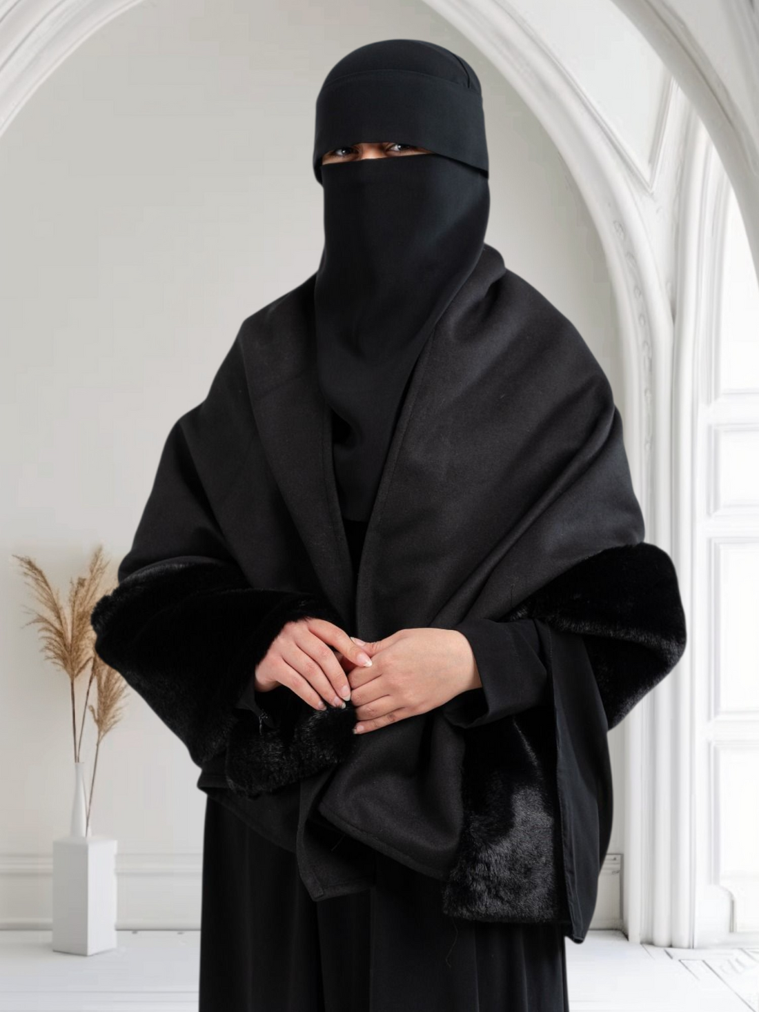 Double-Faced Wool Felt Shawl with Full-Length Fur Trim