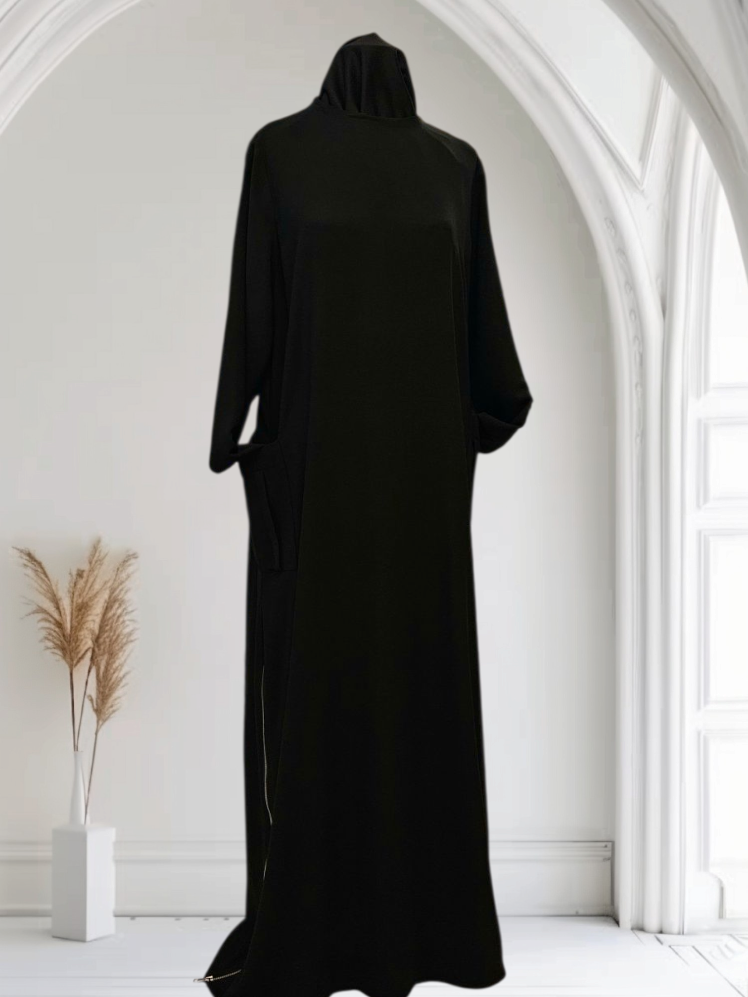 Lightweight Crepe Abaya with Side Zippers and External Pockets