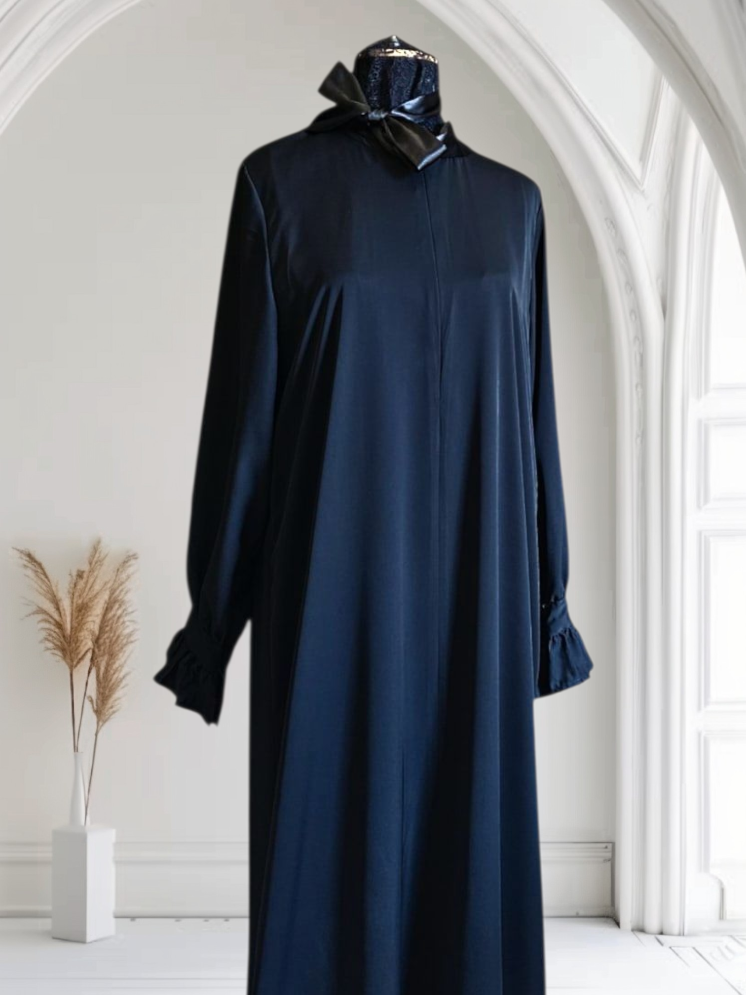 Silk Abaya with Front Zipper & Ruffled Cuffs