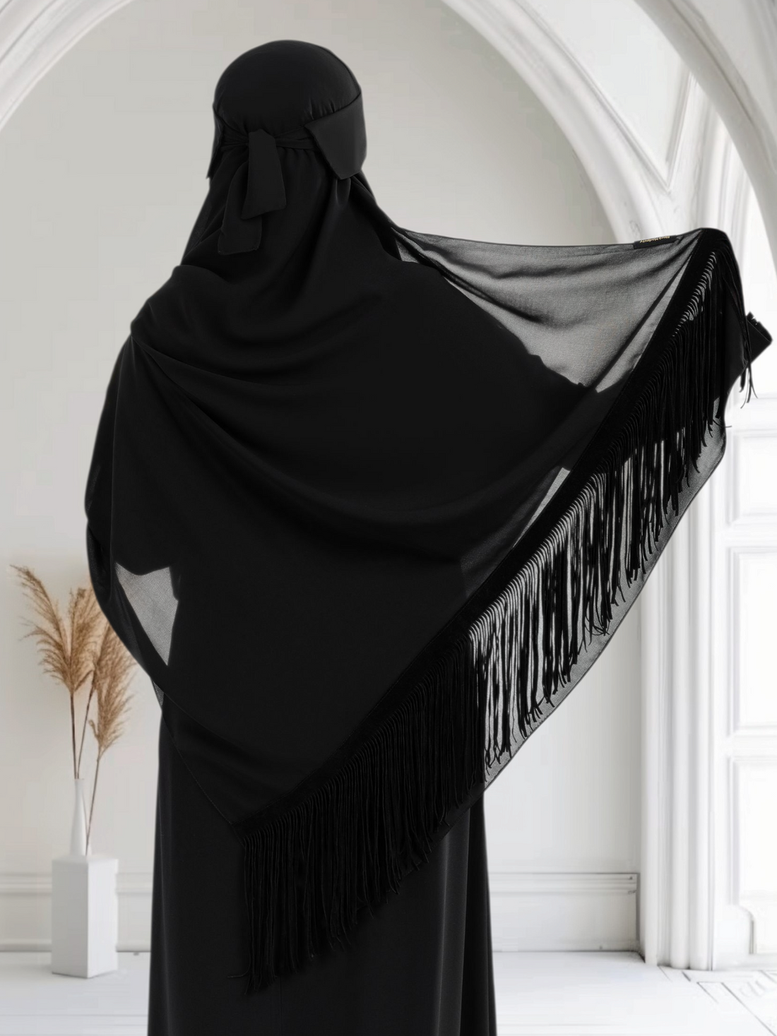 Rectangular Chiffon Scarf with Velvet Suede Tassels