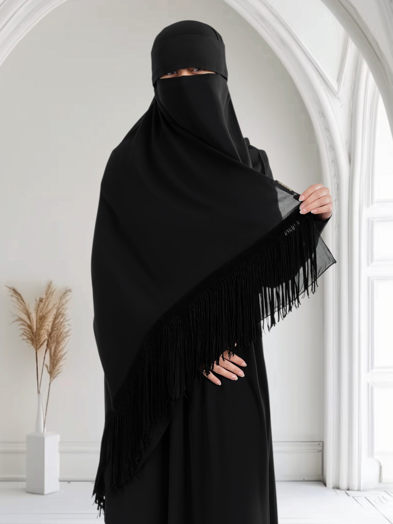 Rectangular Chiffon Scarf with Velvet Suede Tassels