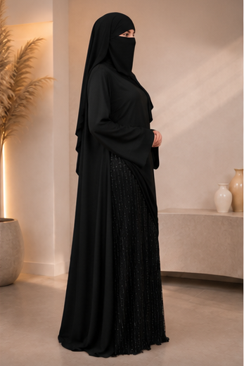 🖤 Luxury Two-Piece Evening Abaya – Satin Abaya with Embellished Skirt