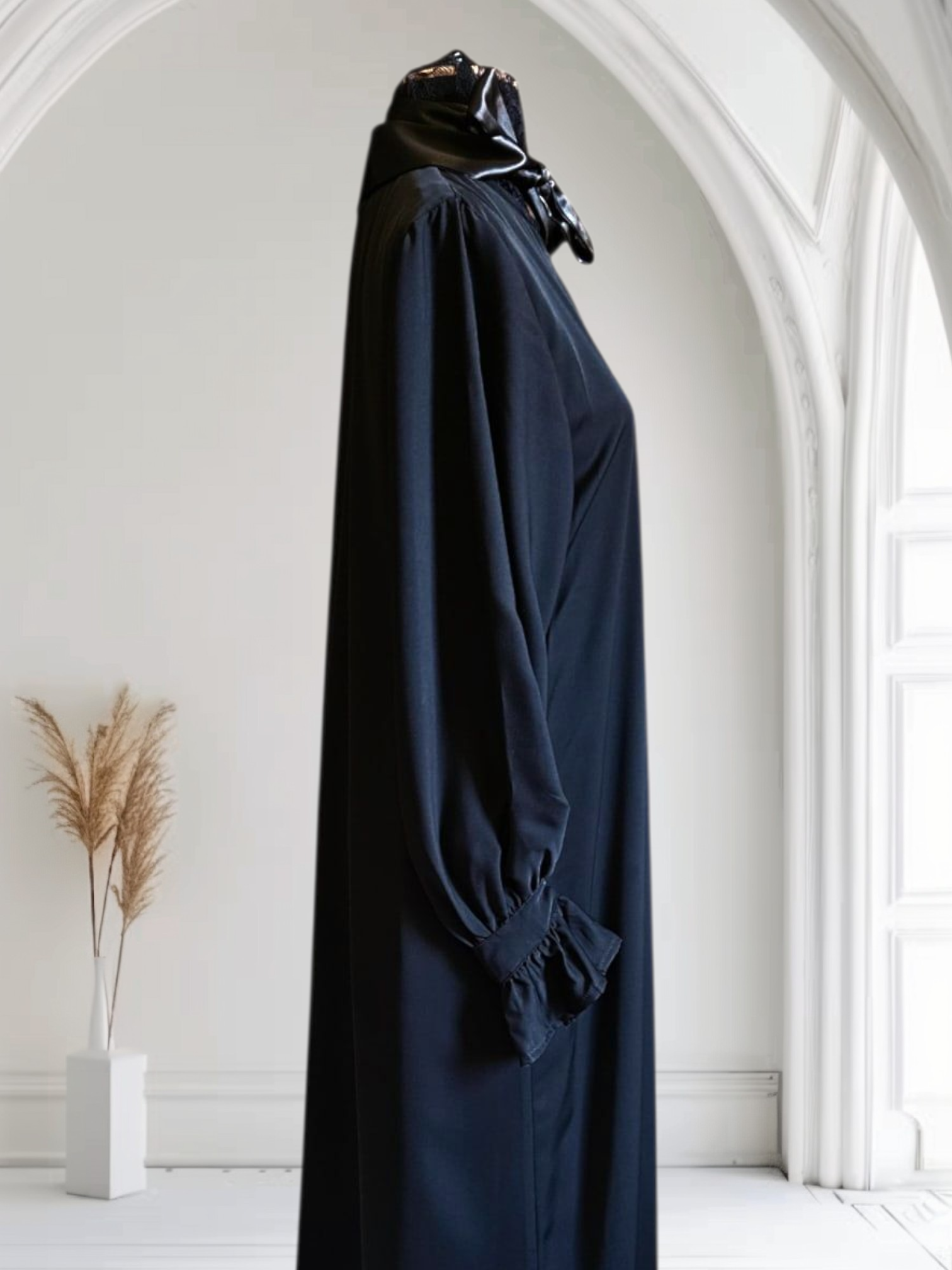 Silk Abaya with Front Zipper & Ruffled Cuffs