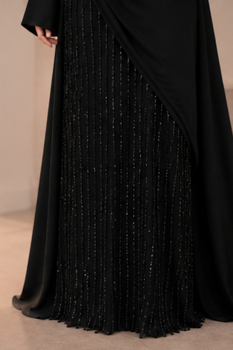 🖤 Luxury Two-Piece Evening Abaya – Satin Abaya with Embellished Skirt