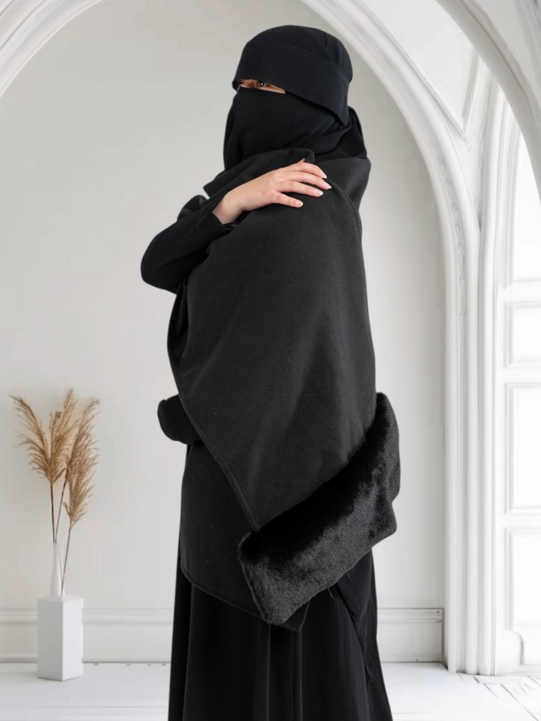 Double-Faced Wool Felt Shawl with Fur Trim