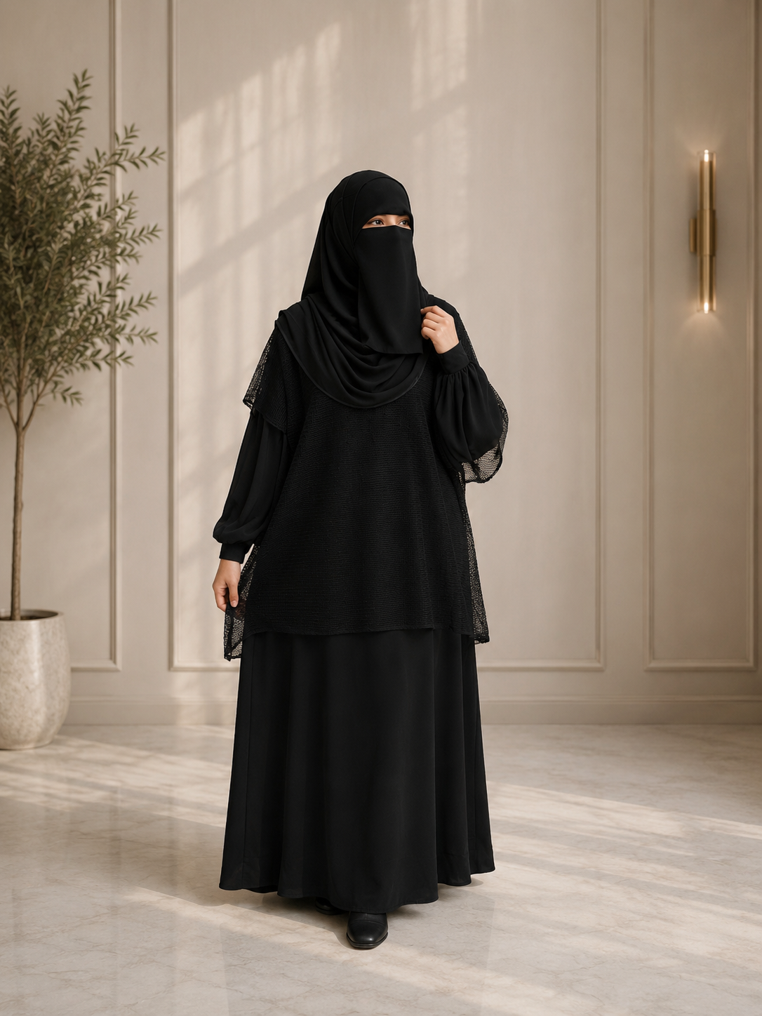 Shoulder Cape with Mesh Fabric and Velvet Dots