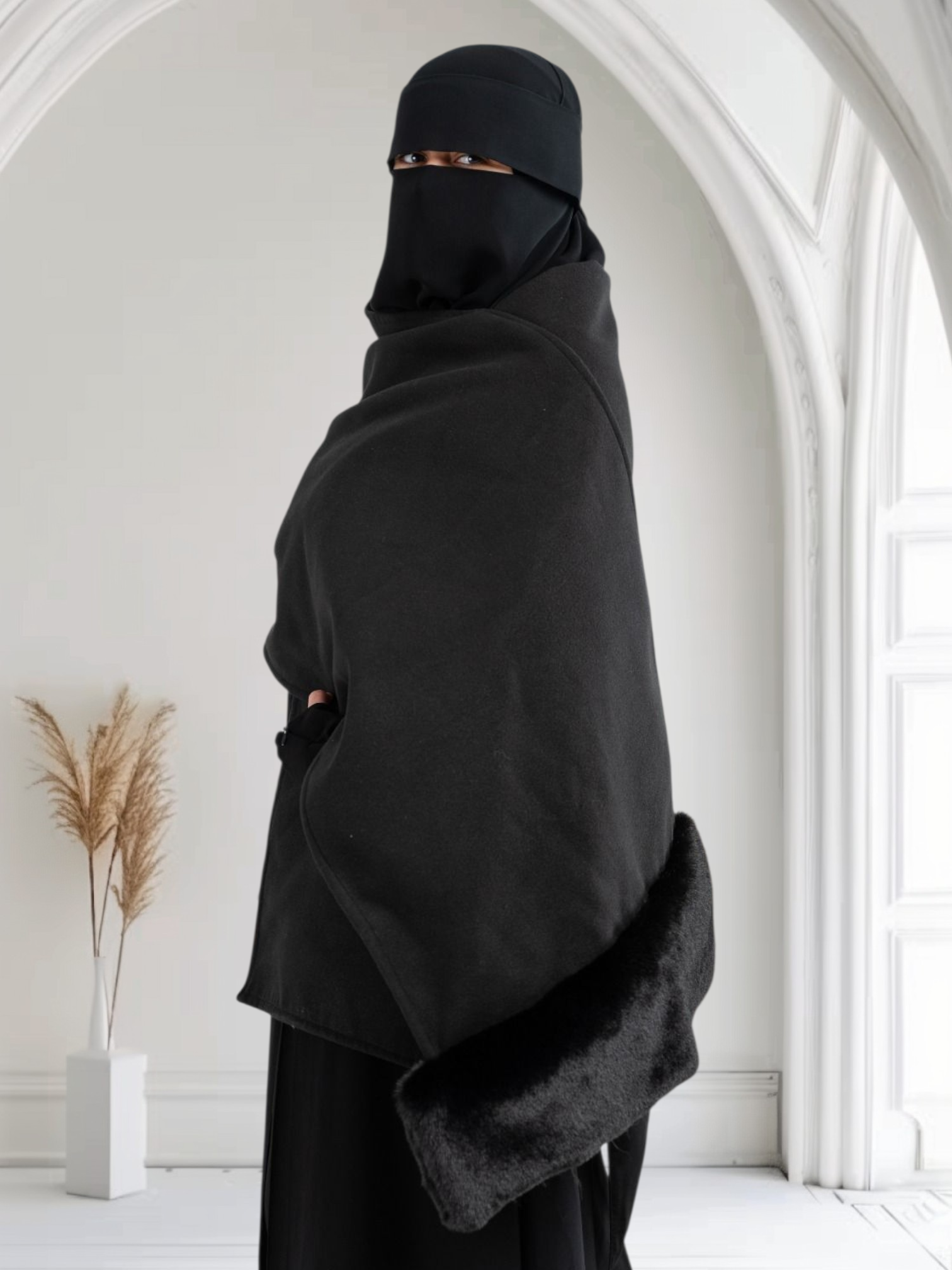 Double-Faced Wool Felt Shawl with Fur Trim
