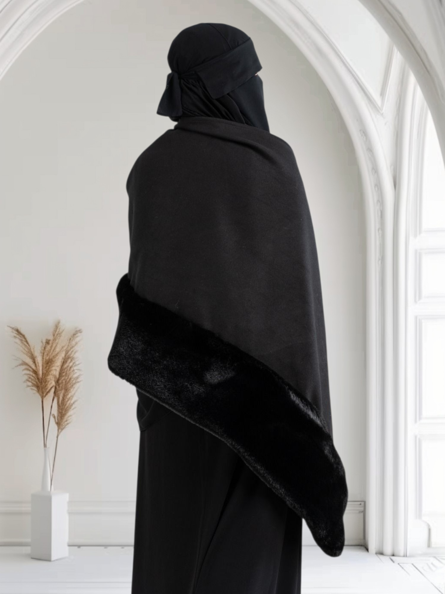 Double-Faced Wool Felt Shawl with Full-Length Fur Trim