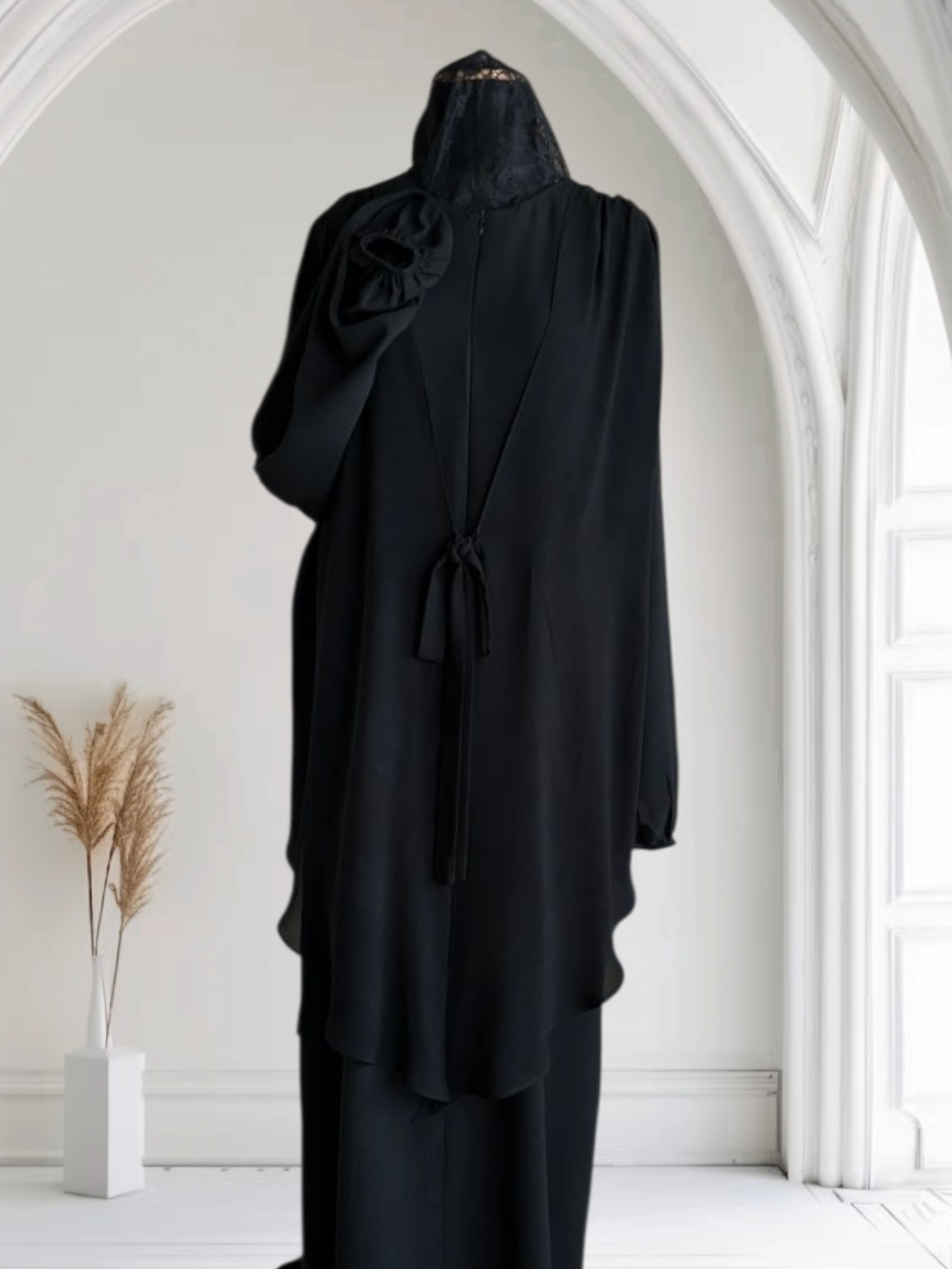 Crepe Abaya with Attached Chiffon Vest