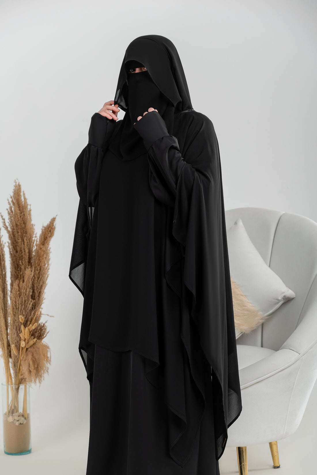 Shoulder Cape with Open Sleeves and Satin Trim