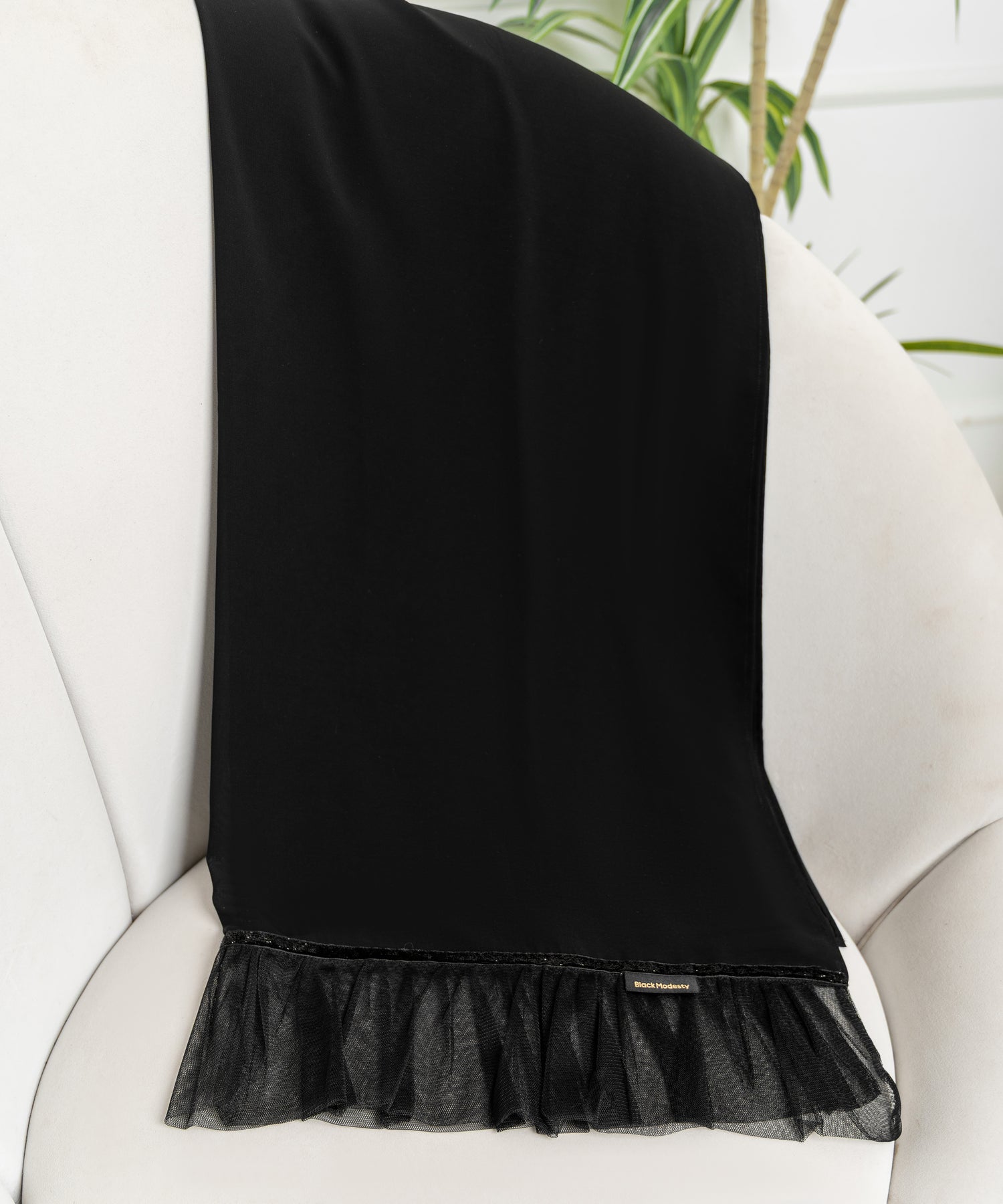 Rectangular Hijab with Tulle and Glitter Ribbon