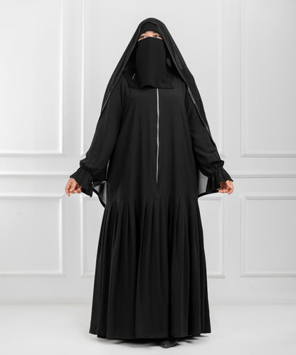 Lightweight Crepe Abaya with Front Zipper and Handcrafted Pleated