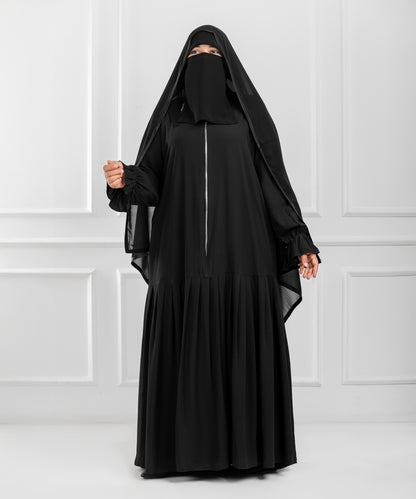 Lightweight Crepe Abaya with Front Zipper and Handcrafted Pleated