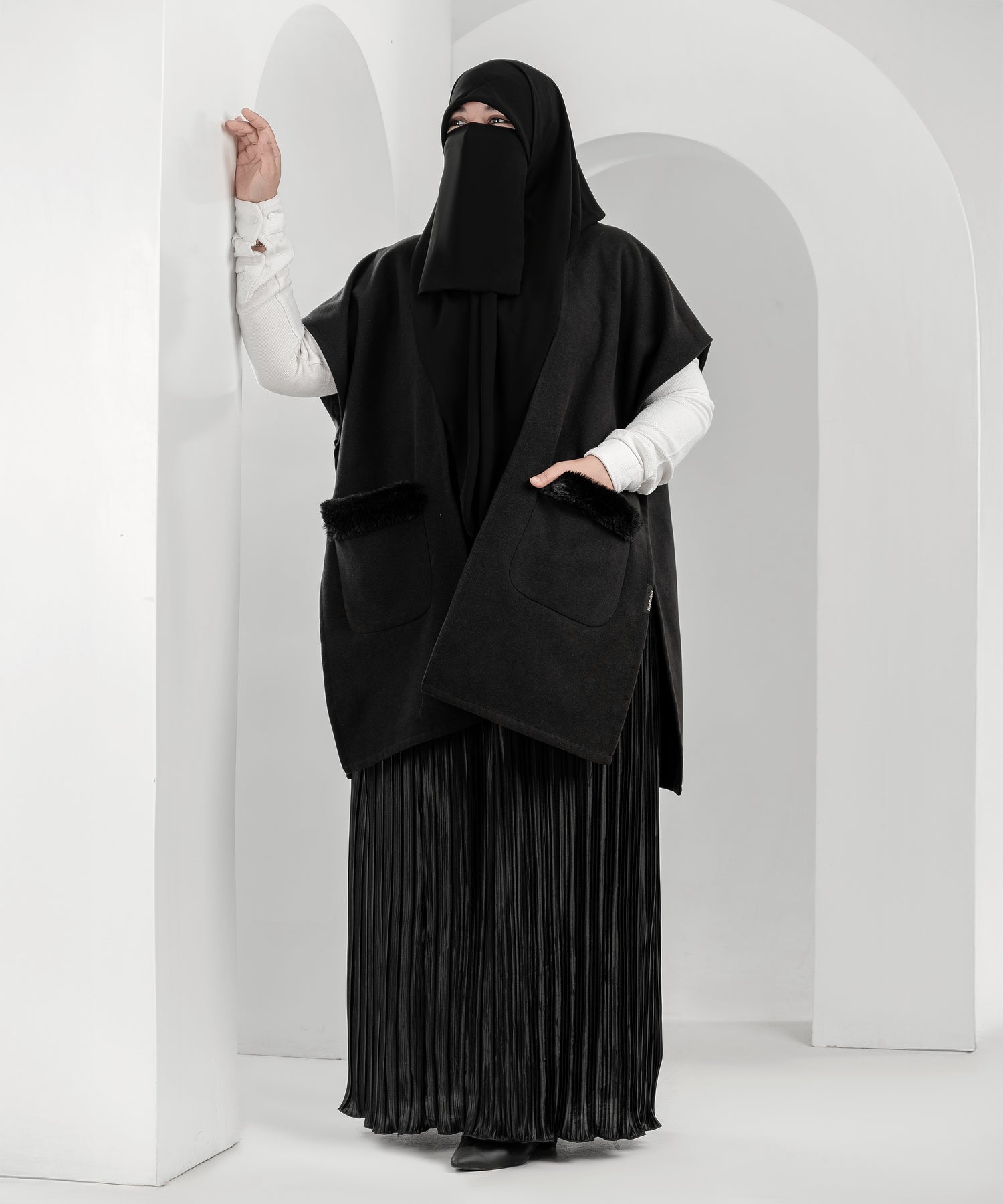 Black Cardigan with Faux-Fur Trimmed Pockets