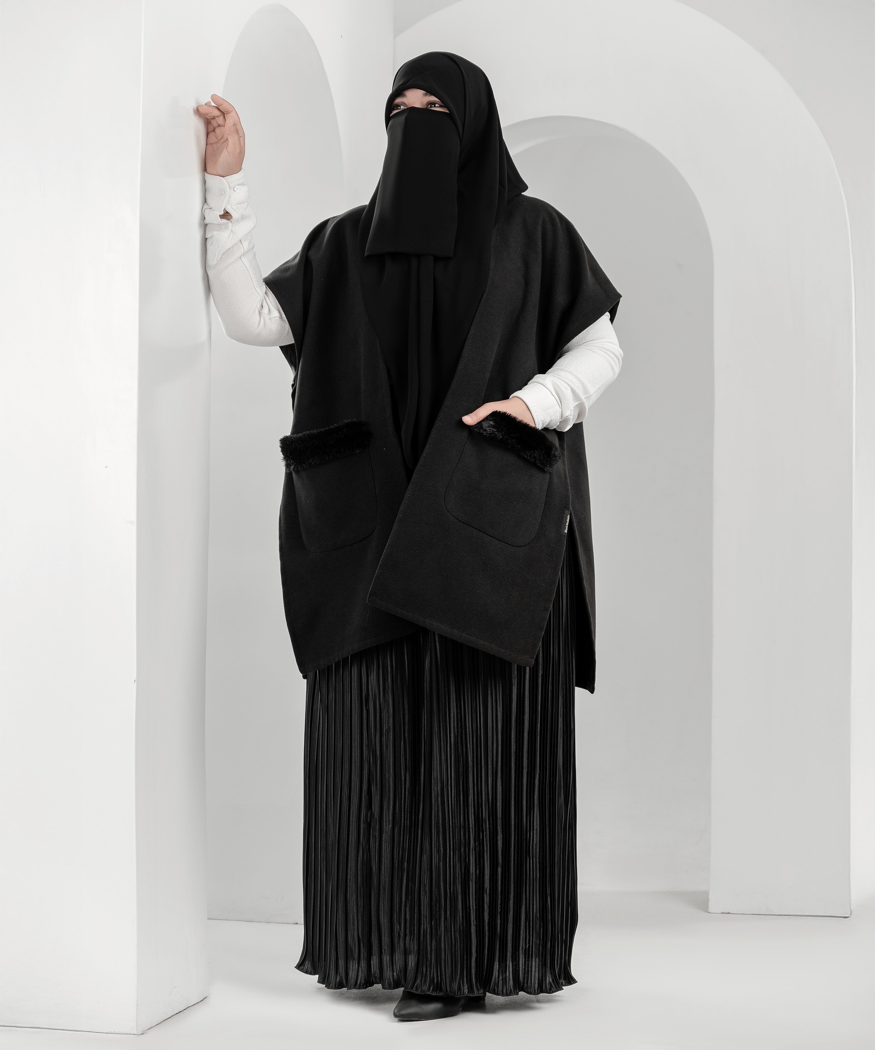 Black Cardigan with Faux-Fur Trimmed Pockets