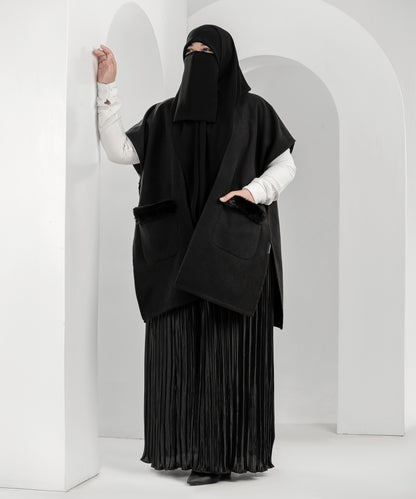 Black Cardigan with Faux-Fur Trimmed Pockets