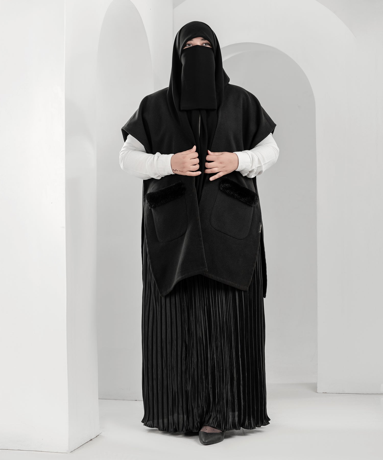 Black Cardigan with Faux-Fur Trimmed Pockets