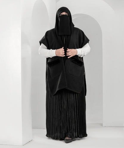 Black Cardigan with Faux-Fur Trimmed Pockets