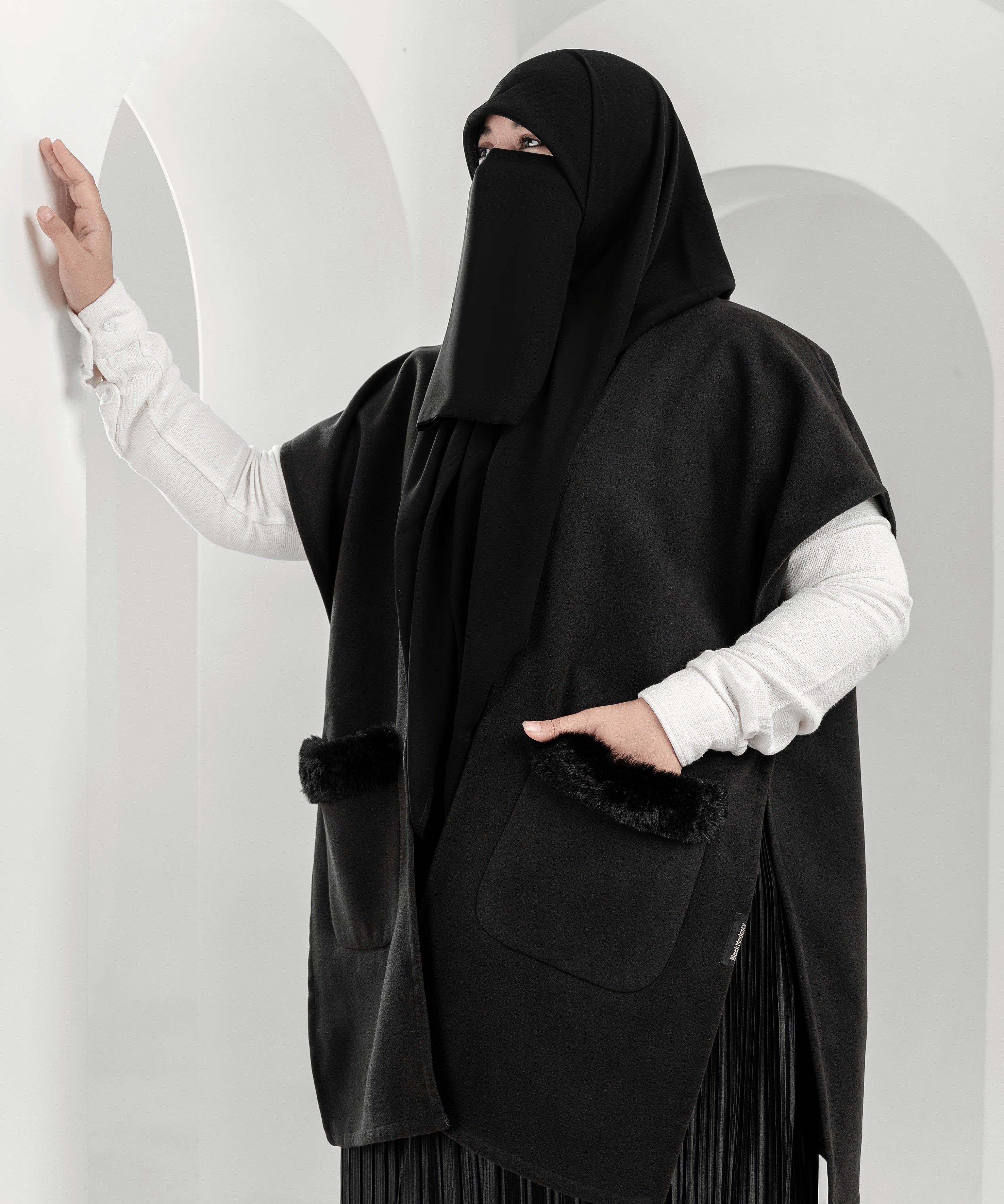 Black Cardigan with Faux-Fur Trimmed Pockets