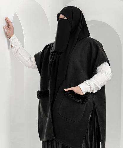 Black Cardigan with Faux-Fur Trimmed Pockets