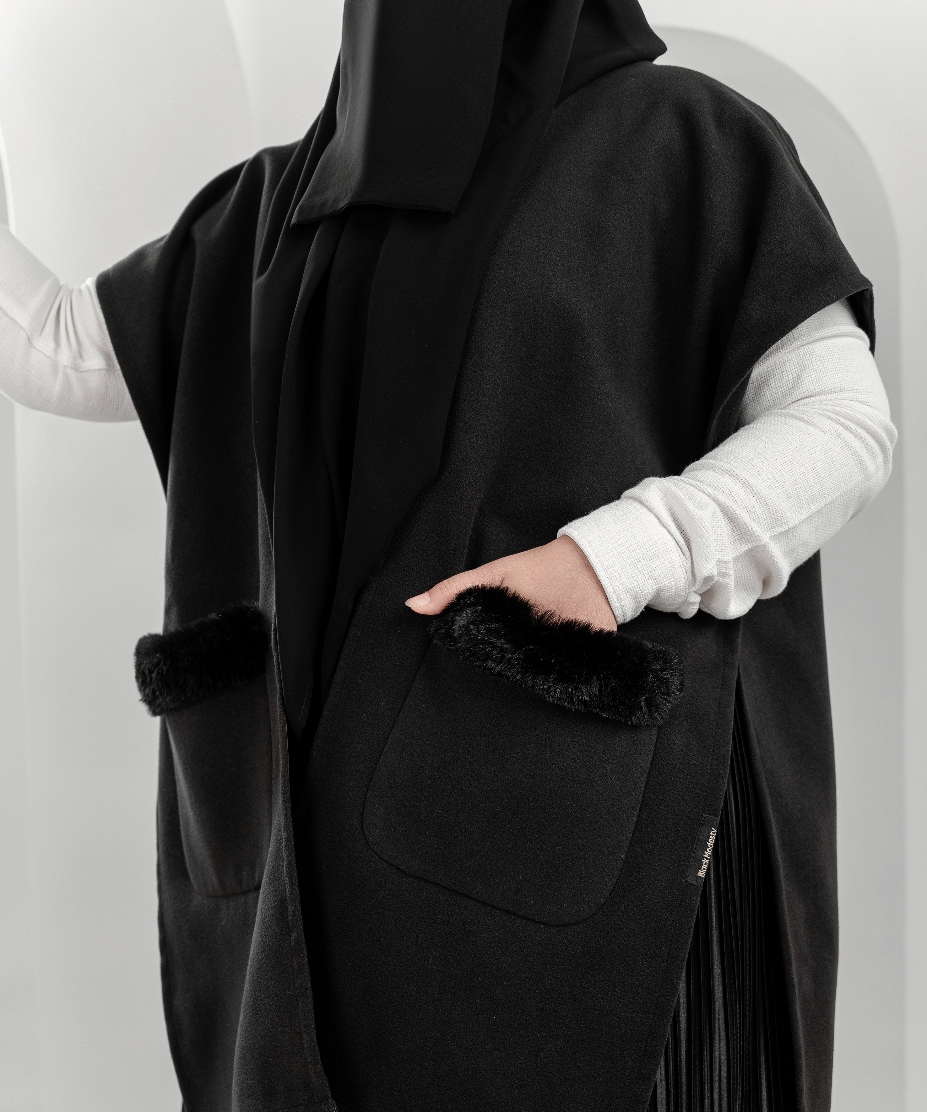 Black Cardigan with Faux-Fur Trimmed Pockets