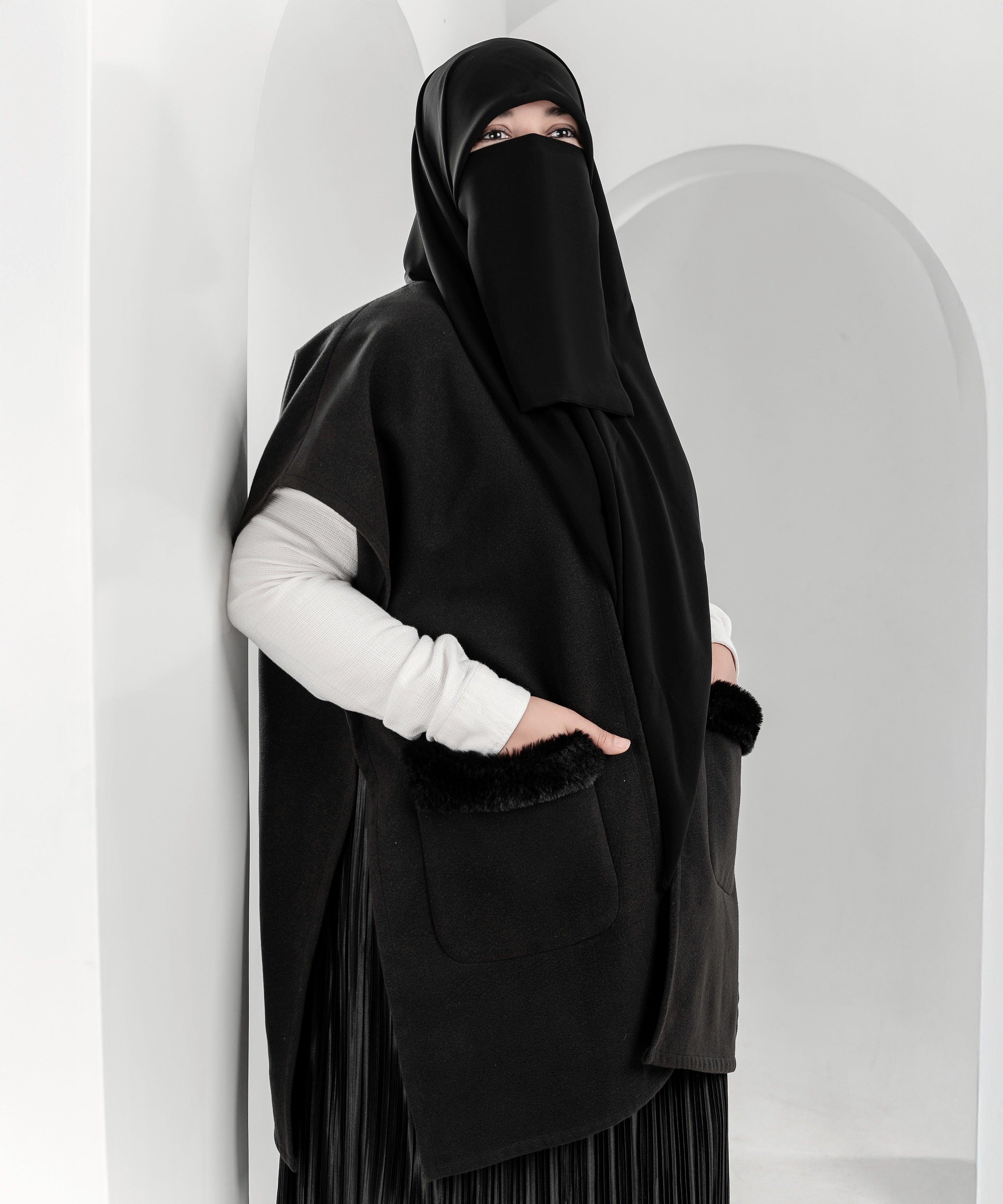 Black Cardigan with Faux-Fur Trimmed Pockets