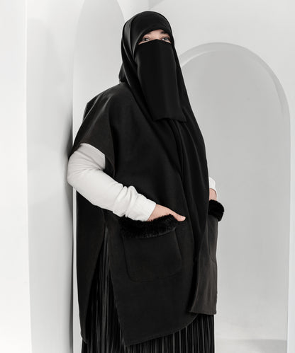 Black Cardigan with Faux-Fur Trimmed Pockets