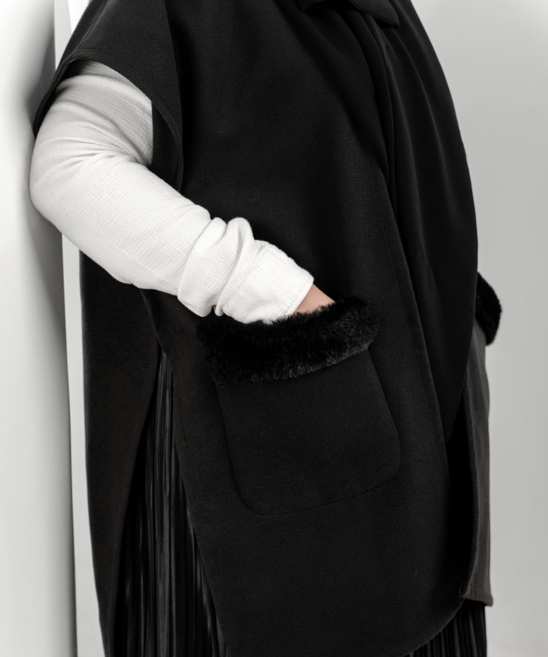 Black Cardigan with Faux-Fur Trimmed Pockets