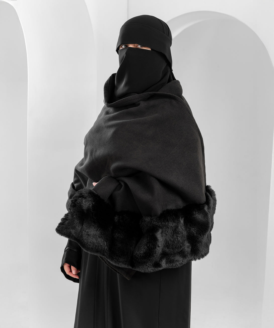 Rectangular Wool Shawl with Fur Trim