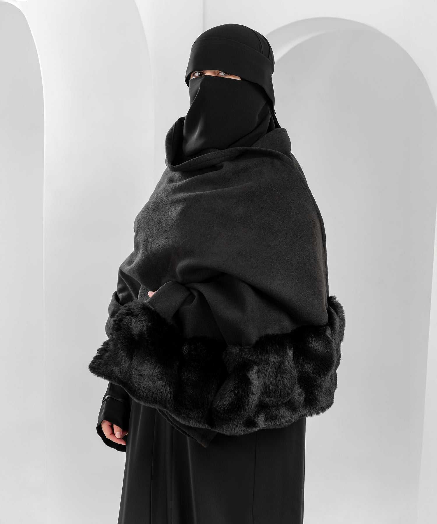 Rectangular Wool Shawl with Fur Trim