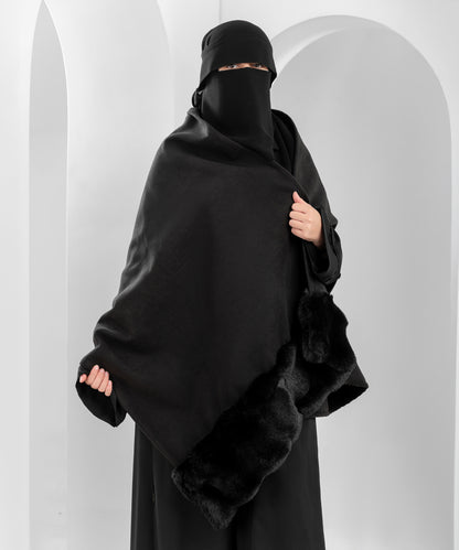 Rectangular Wool Shawl with Fur Trim