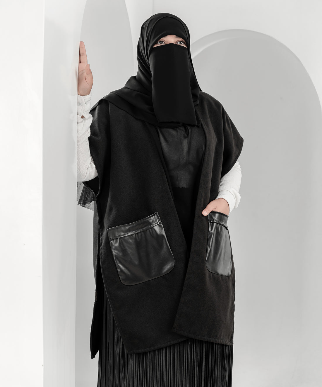 Black Wool Cardigan Jacket with Leather Pockets