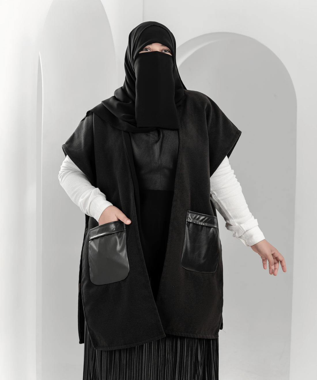 Black Wool Cardigan Jacket with Leather Pockets