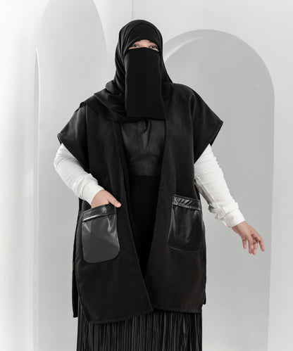 Black Wool Cardigan Jacket with Leather Pockets