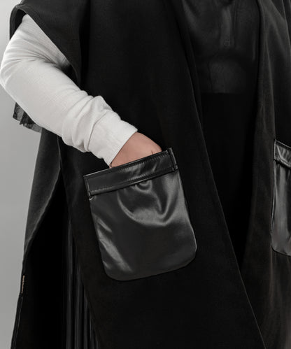 Black Wool Cardigan Jacket with Leather Pockets