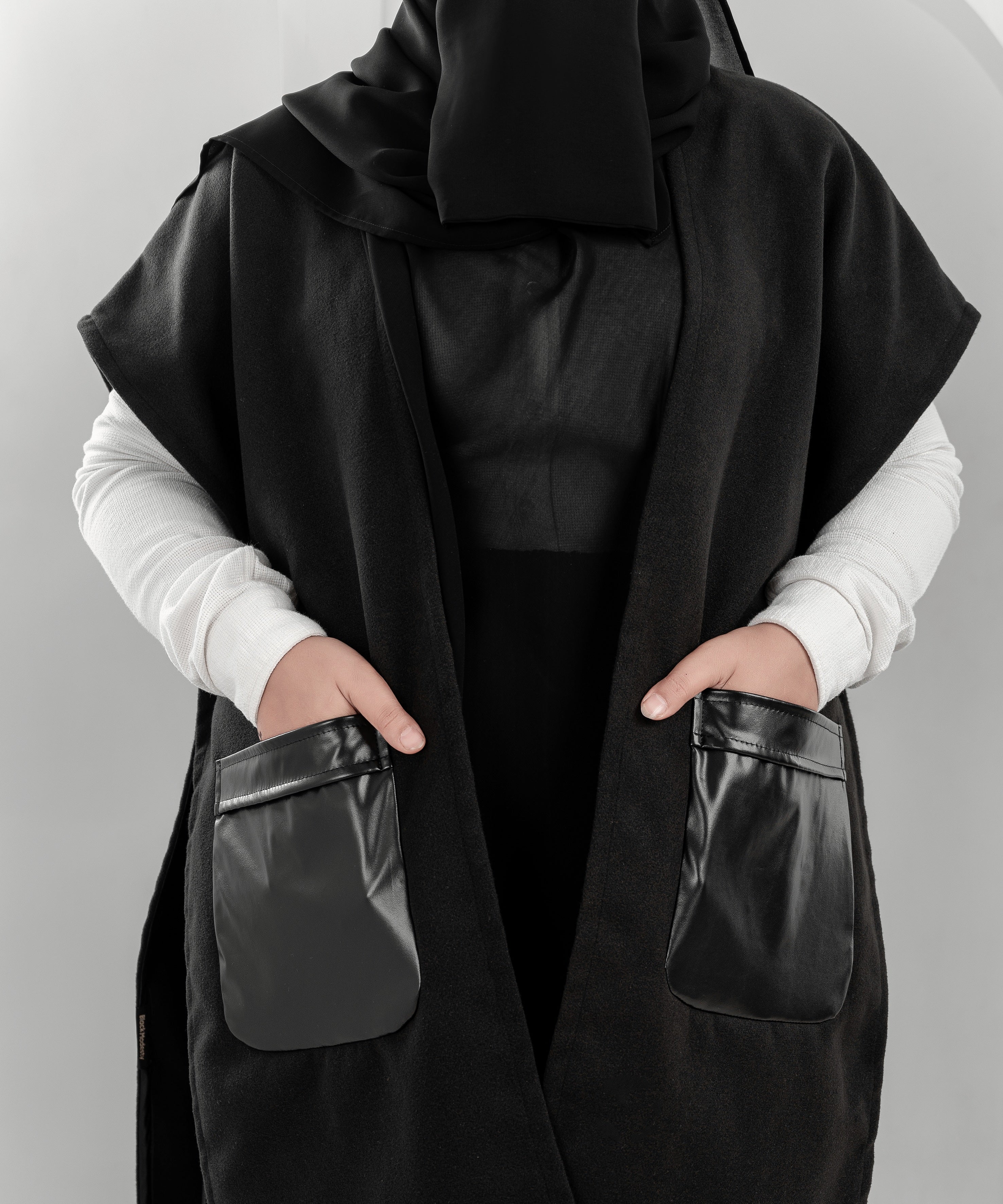 Black Wool Cardigan Jacket with Leather Pockets